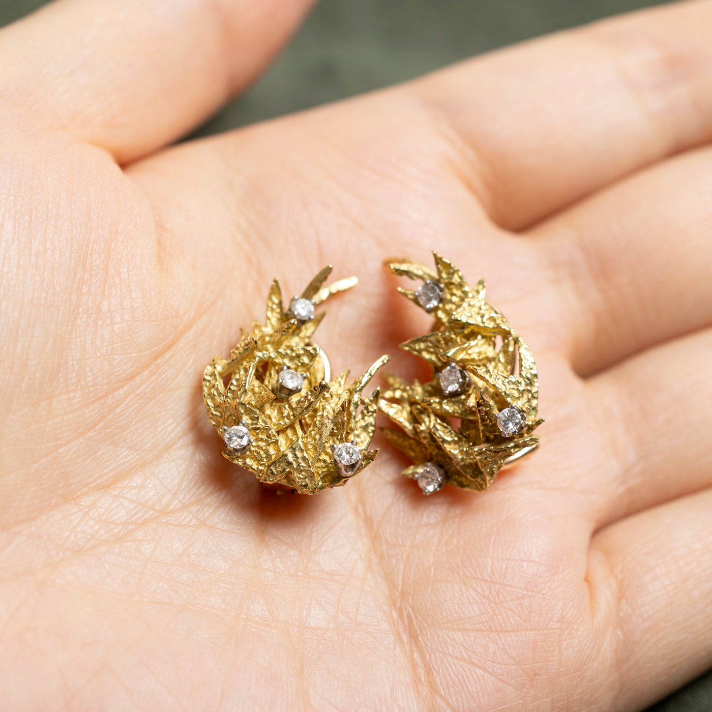 18k Diamond Textured Leaf Clip On Earrings | 0.42ctw