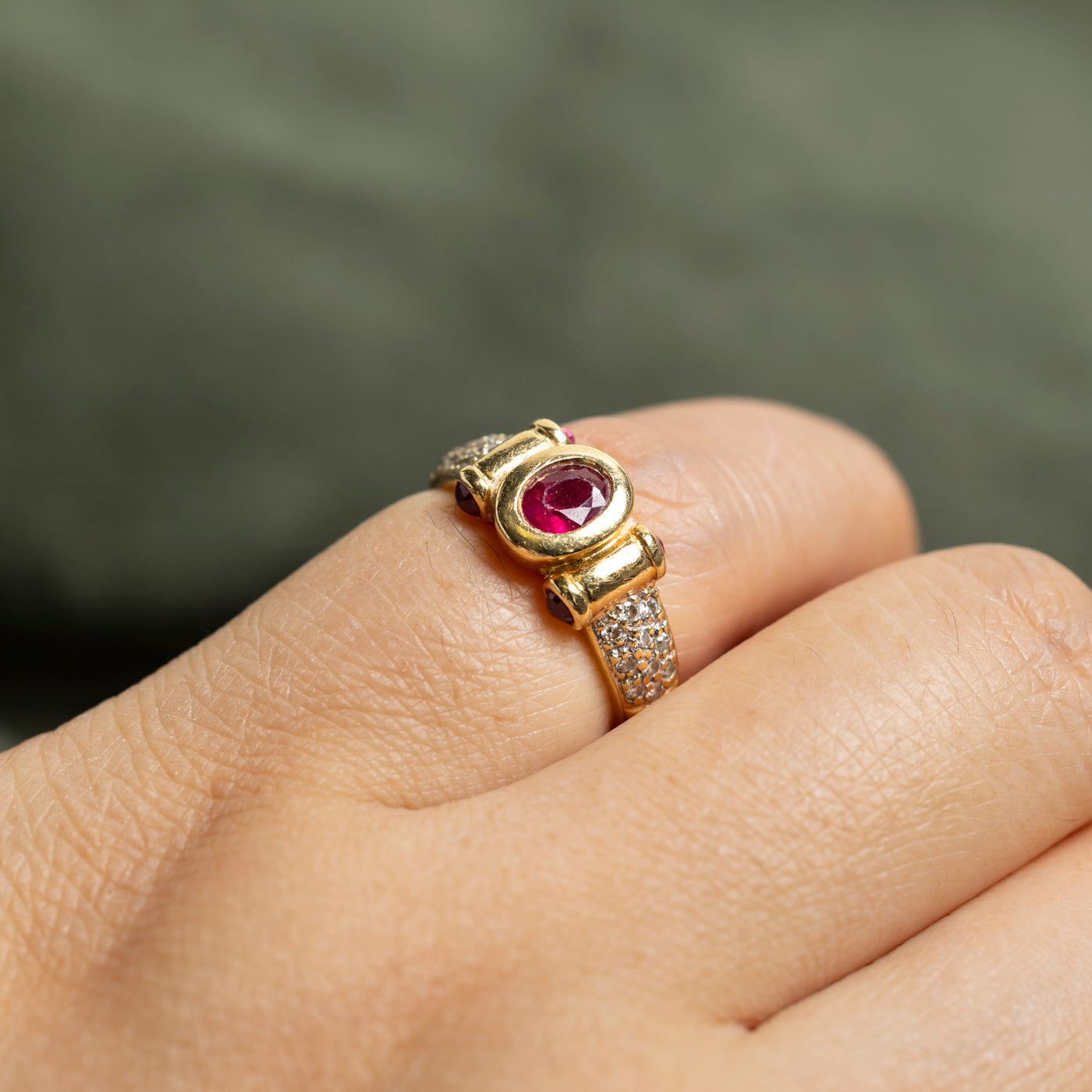 18k Bezel Set Oval Cut Ruby & Diamond Ring | 0.63ctw, 0.14ctw | SZ 2.75