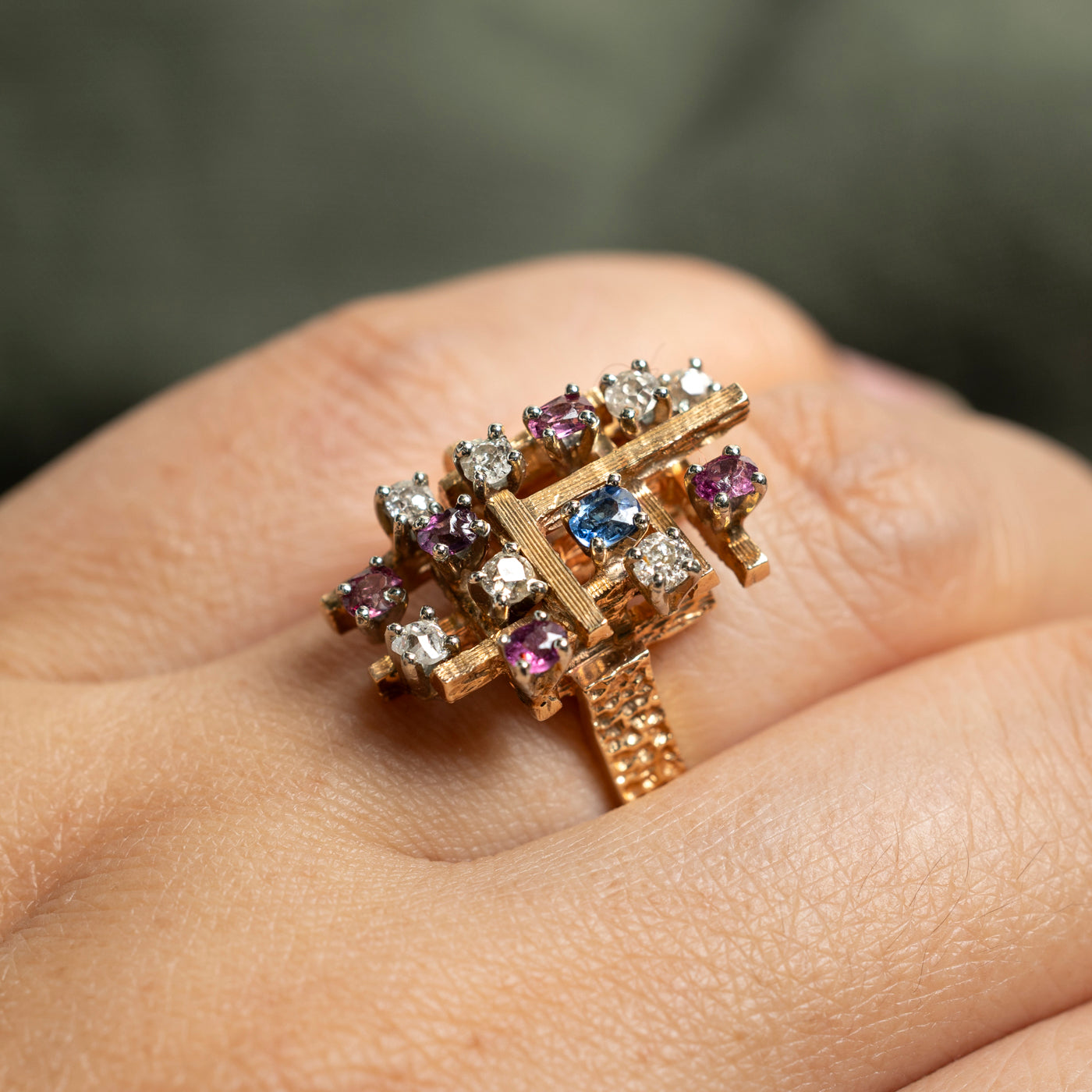 Old European Cut Diamond, Sapphire & Pink Sapphire Cocktail Ring | 0.35ctw, 0.56ctw | SZ 7