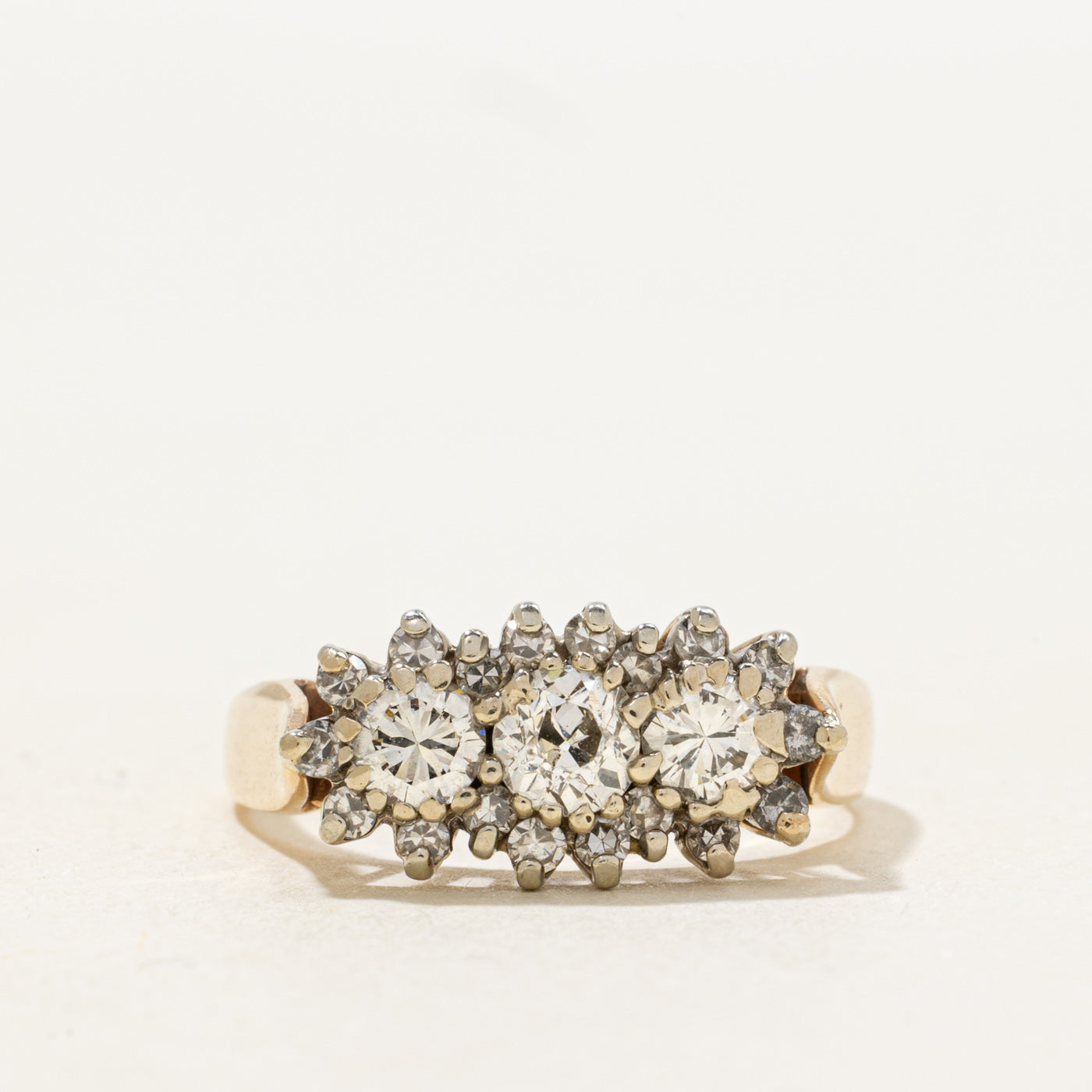 Old European Cut Three Stone Diamond Petal Halo Ring | 1.18ctw | SZ 8.25 |