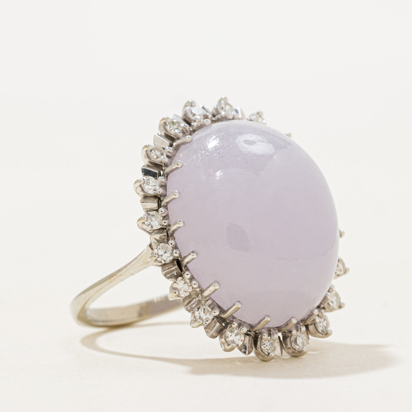 Lavender Jadeite & Diamond Halo Cocktail Ring | 34.5ct, 0.6ctw | SZ 8.0 |