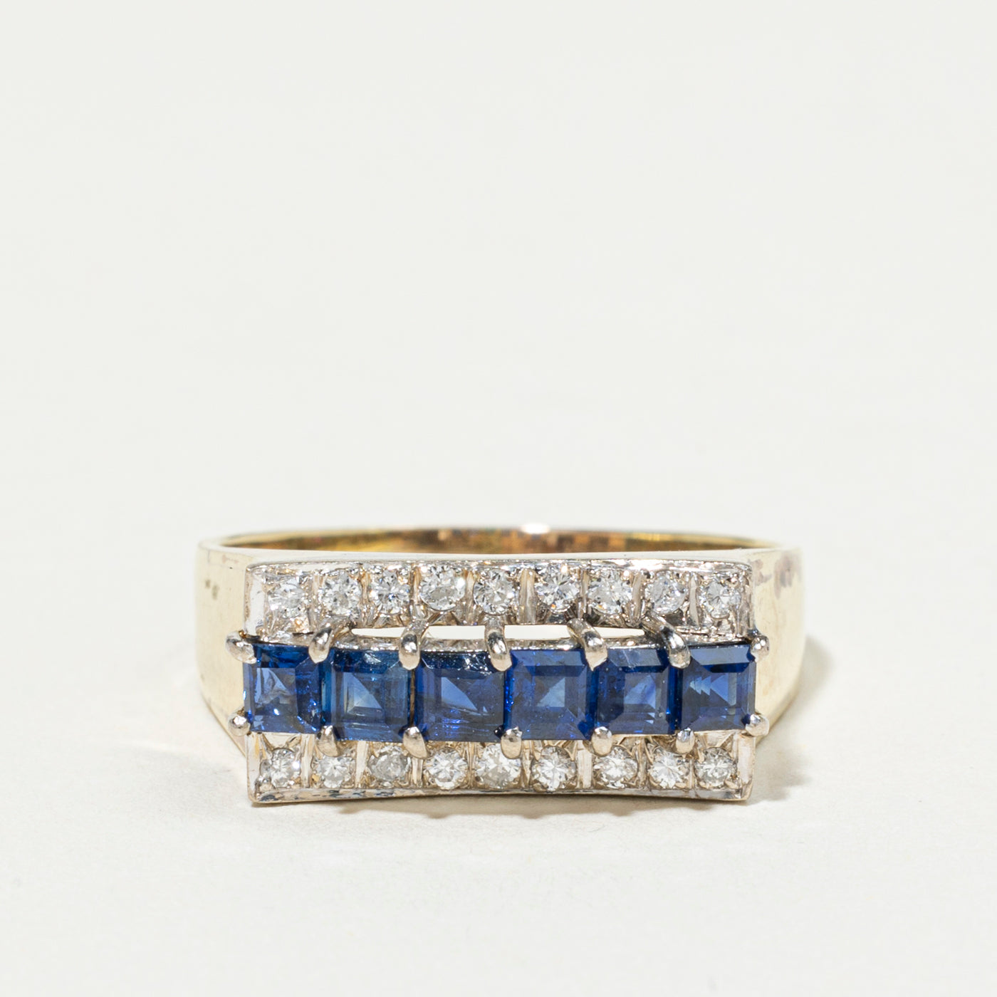 Two Tone Multi Row Diamond & Sapphire Ring | 0.29ct, 1.23ctw | SZ 9.5
