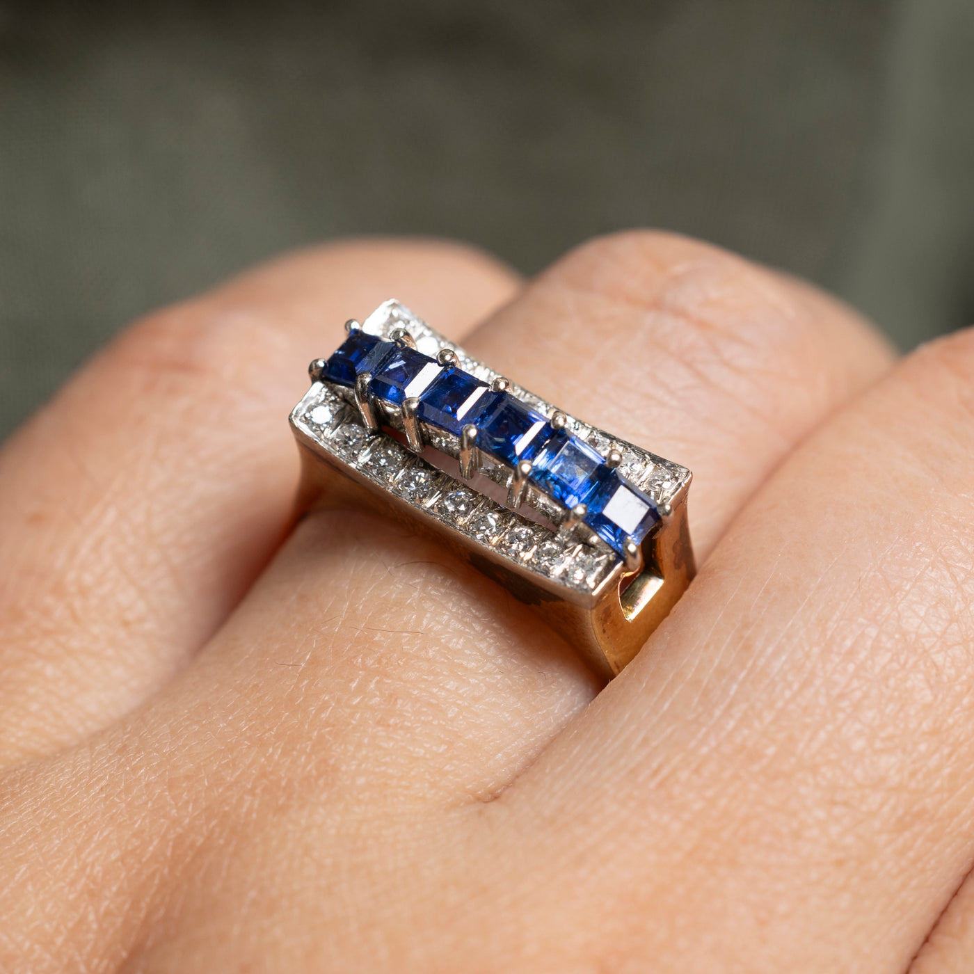 Two Tone Multi Row Diamond & Sapphire Ring | 0.29ct, 1.23ctw | SZ 9.5