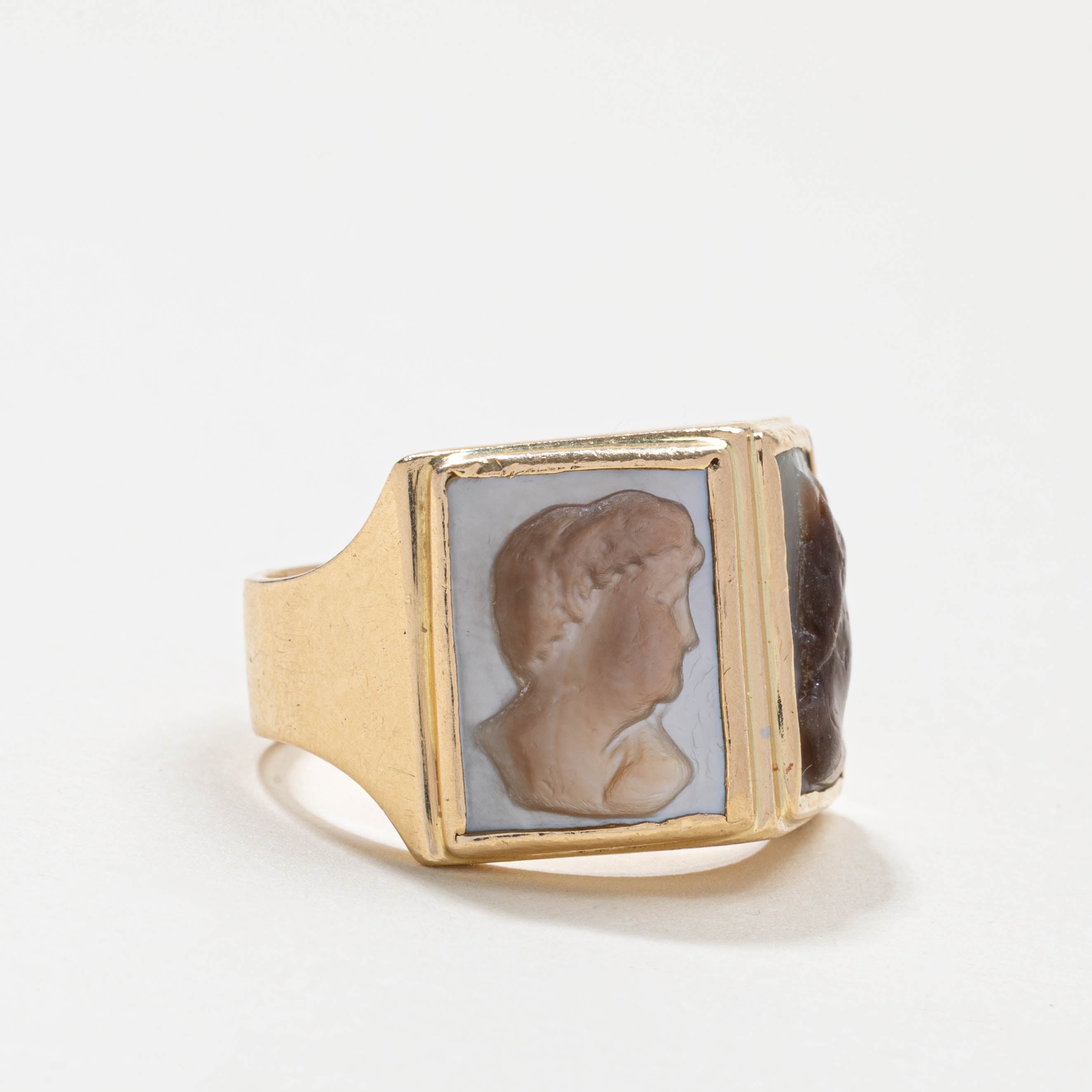 14k Mother of Pearl Good & Bad Cameo Signet Ring | 8.00ctw | SZ 11.5