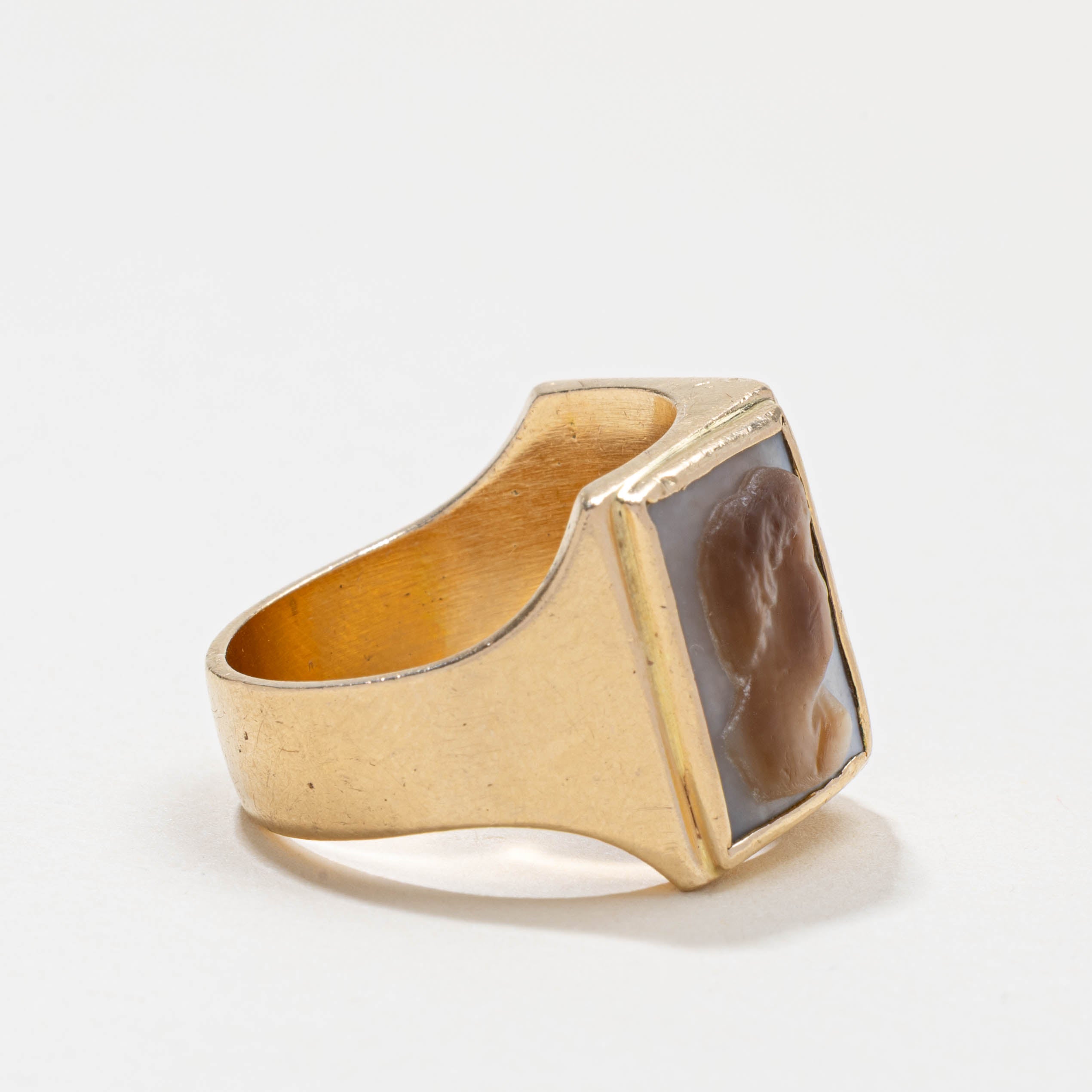 14k Mother of Pearl Good & Bad Cameo Signet Ring | 8.00ctw | SZ 11.5