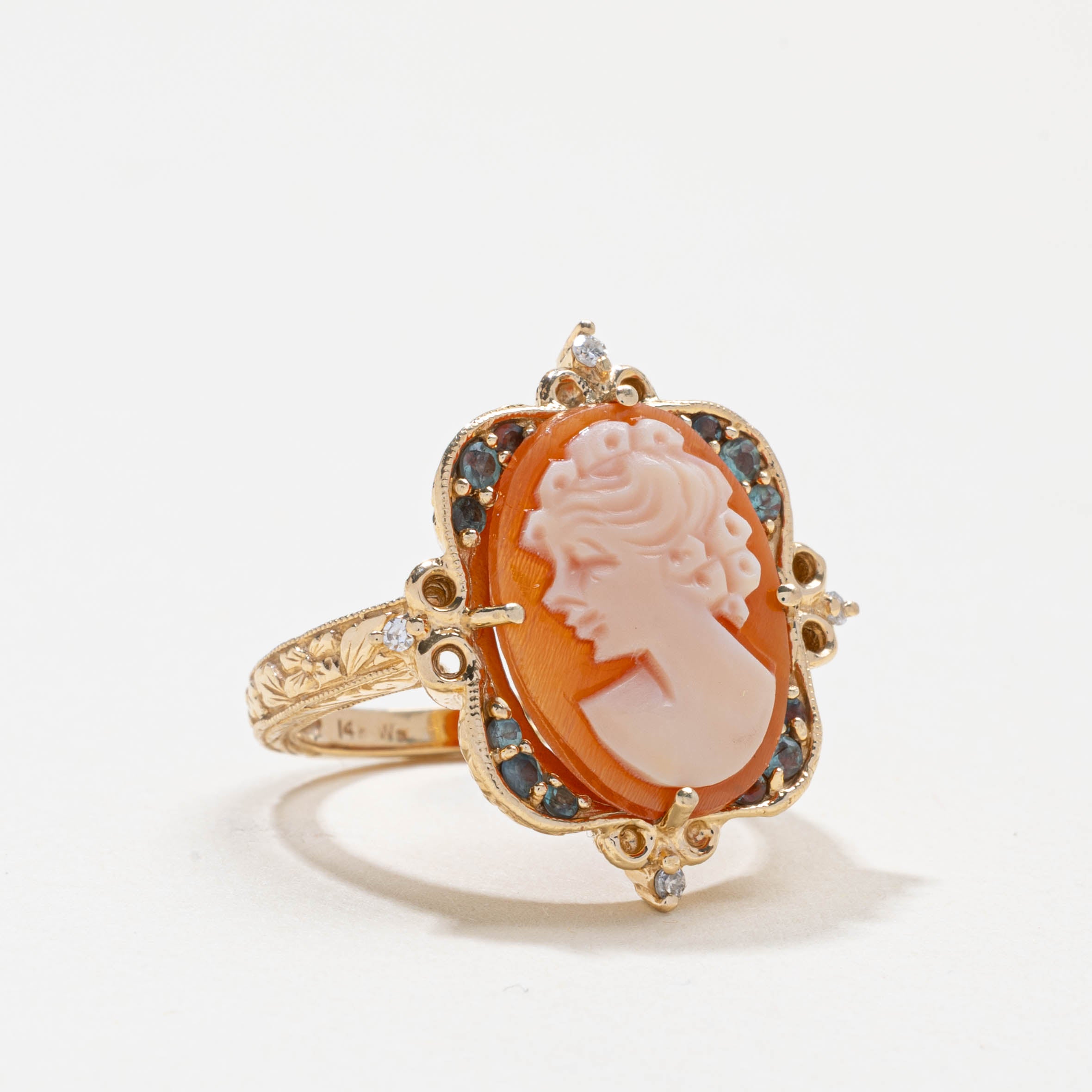 14k Shell Cameo & Mixed Gemstone Accented Ring | 3.00ct, 0.10ctw | SZ 6.25