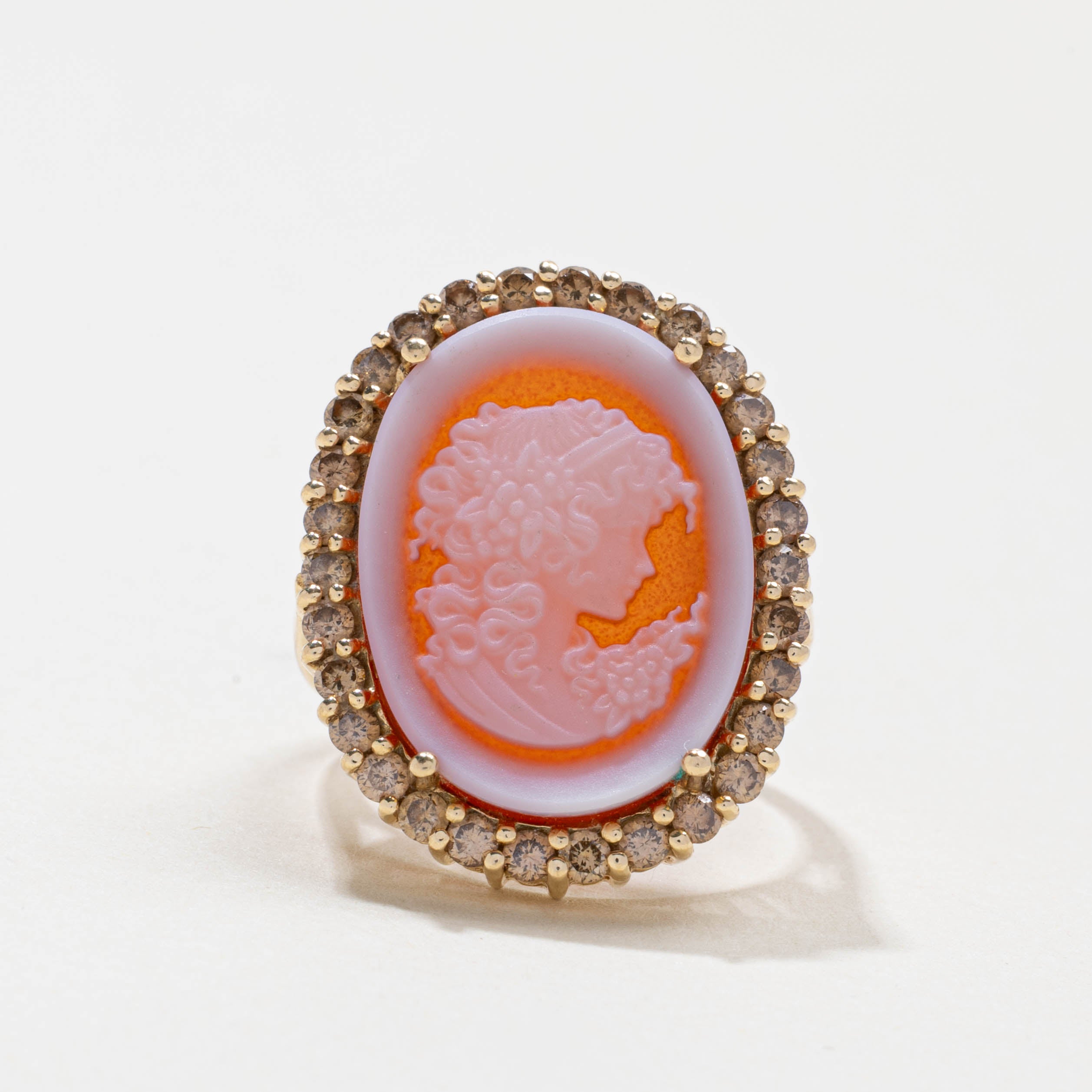 14k Agate Cameo & Champagne Diamond Halo Cocktail Ring | 4.00ct, 0.75ctw | SZ 6.25