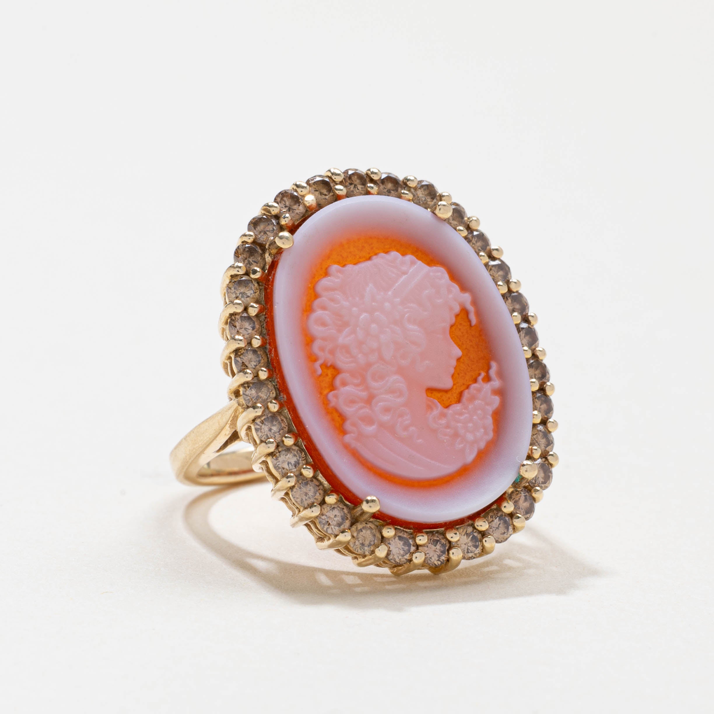 14k Agate Cameo & Champagne Diamond Halo Cocktail Ring | 4.00ct, 0.75ctw | SZ 6.25
