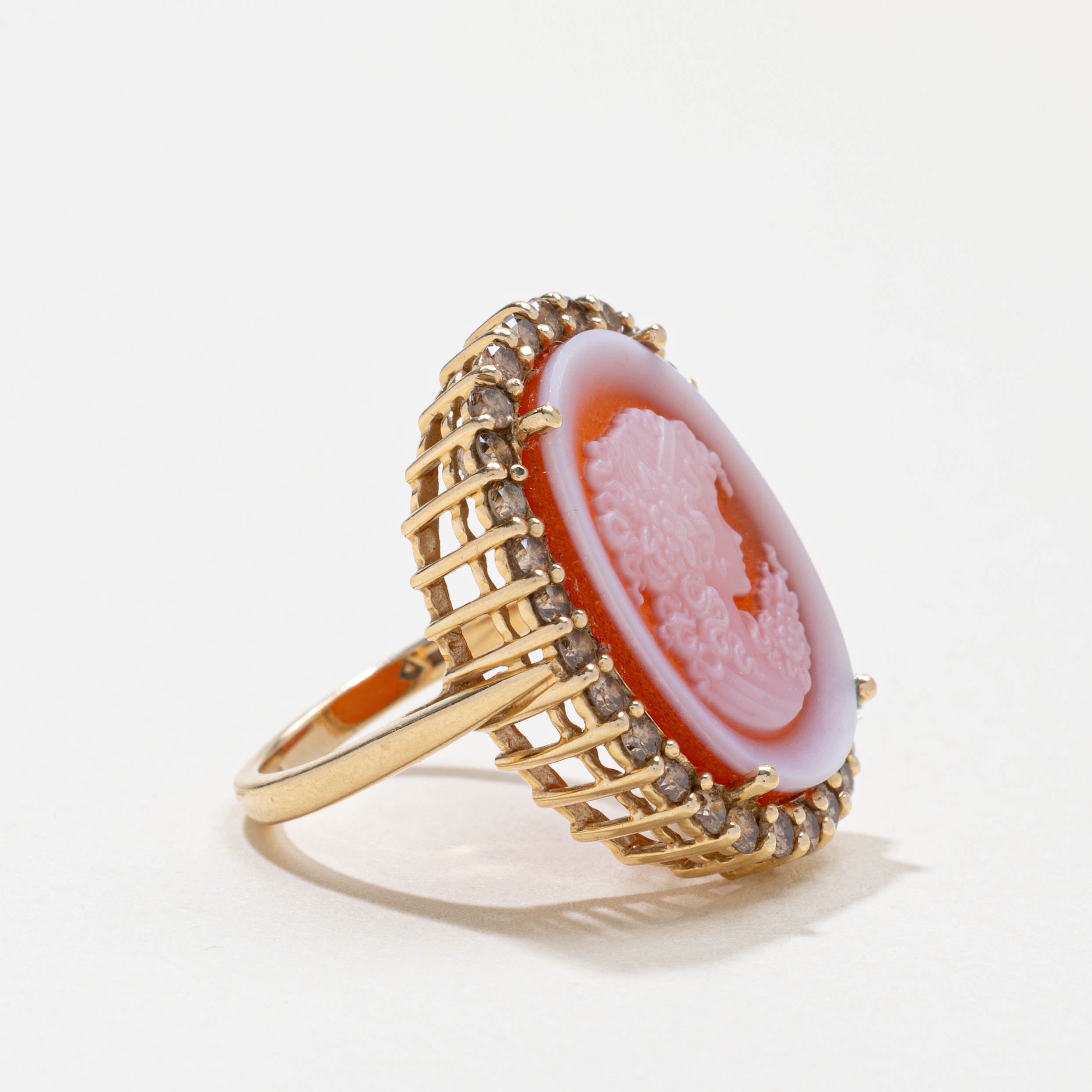 14k Agate Cameo & Champagne Diamond Halo Cocktail Ring | 4.00ct, 0.75ctw | SZ 6.25