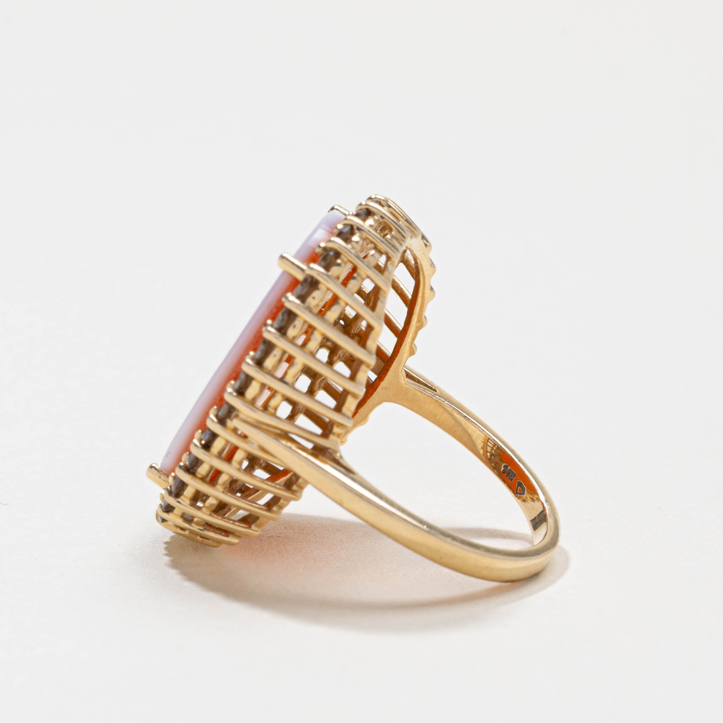 14k Agate Cameo & Champagne Diamond Halo Cocktail Ring | 4.00ct, 0.75ctw | SZ 6.25