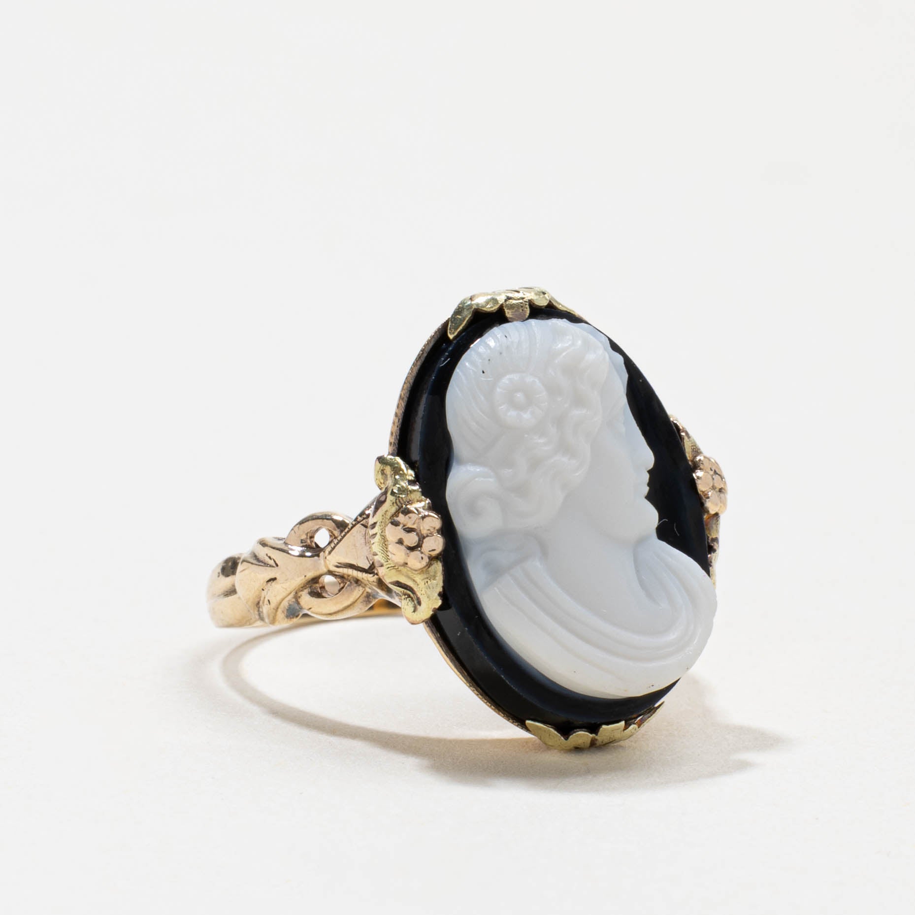 Bague victorienne en agate 10K 9141-43, motif floral/feuille | 8,00 ct | Taille 6,25