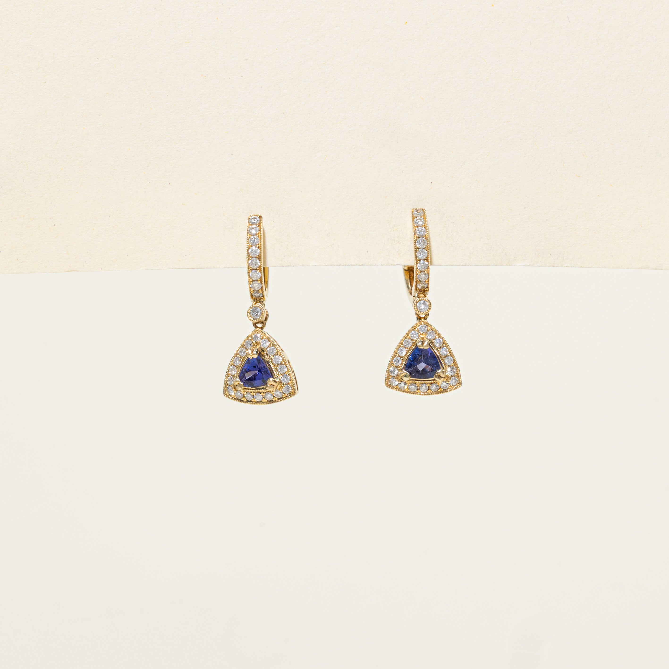 Trillion Cut Tanzanite & Diamond Halo Drop Earrings | 0.90ctw, 0.38ctw
