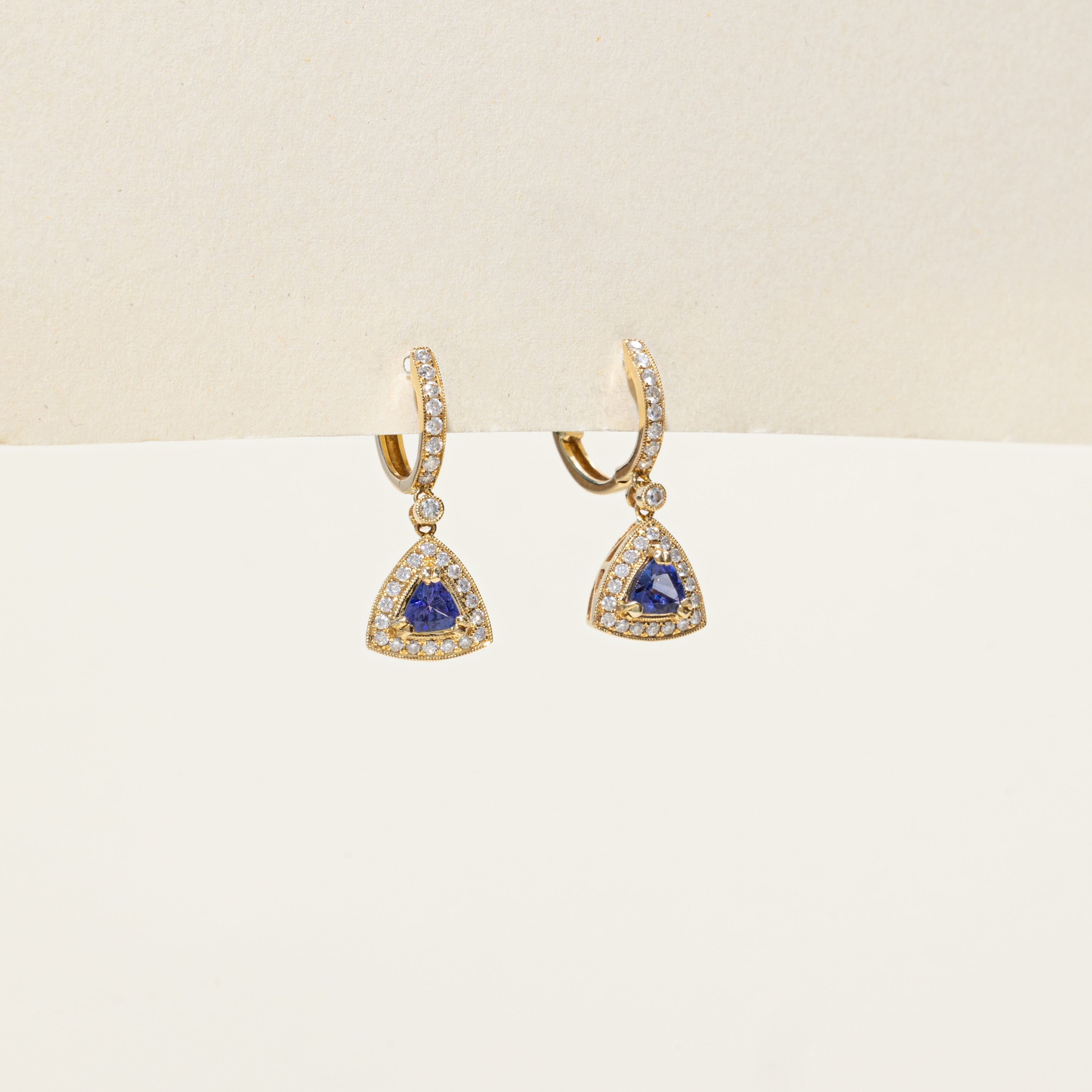 Trillion Cut Tanzanite & Diamond Halo Drop Earrings | 0.90ctw, 0.38ctw