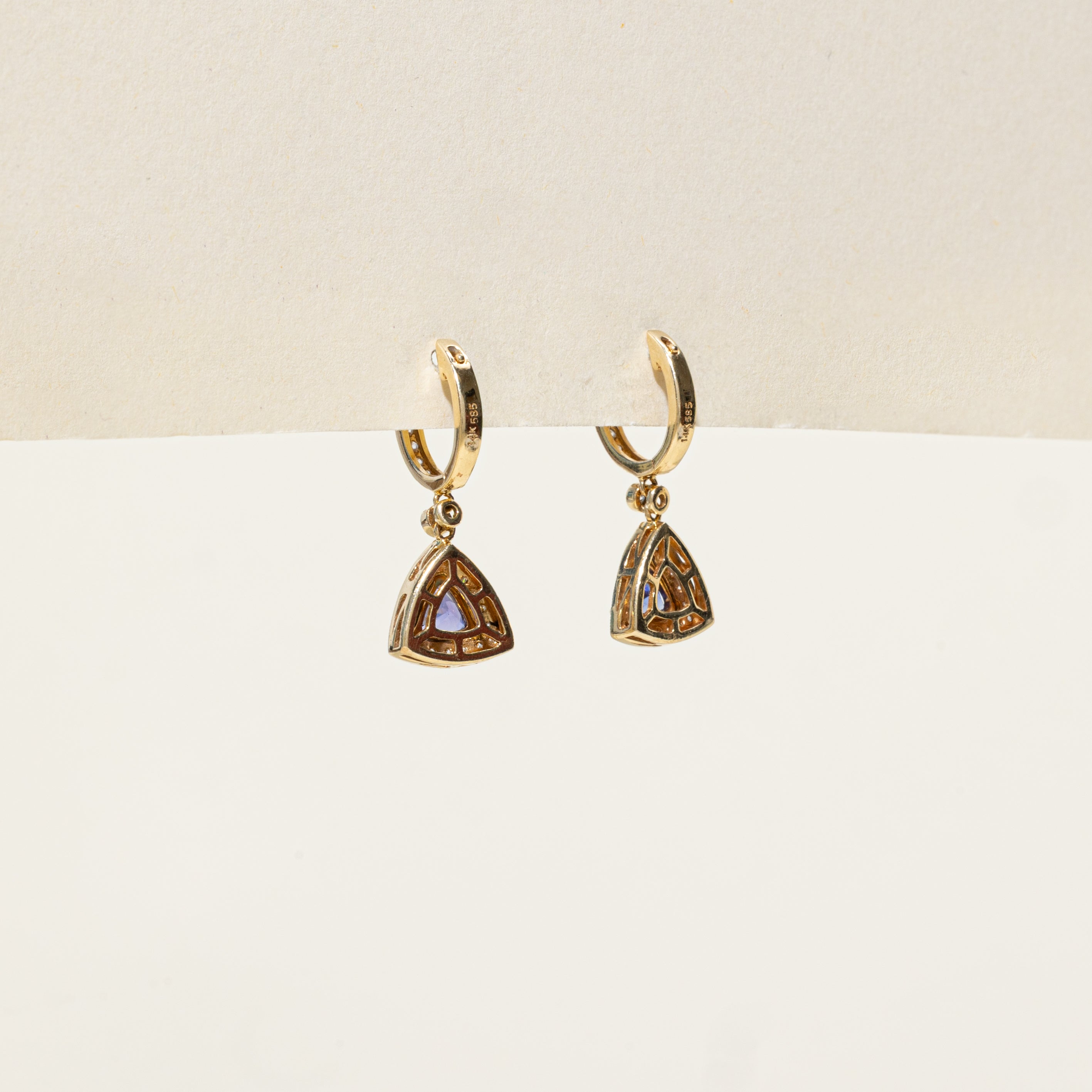 Trillion Cut Tanzanite & Diamond Halo Drop Earrings | 0.90ctw, 0.38ctw