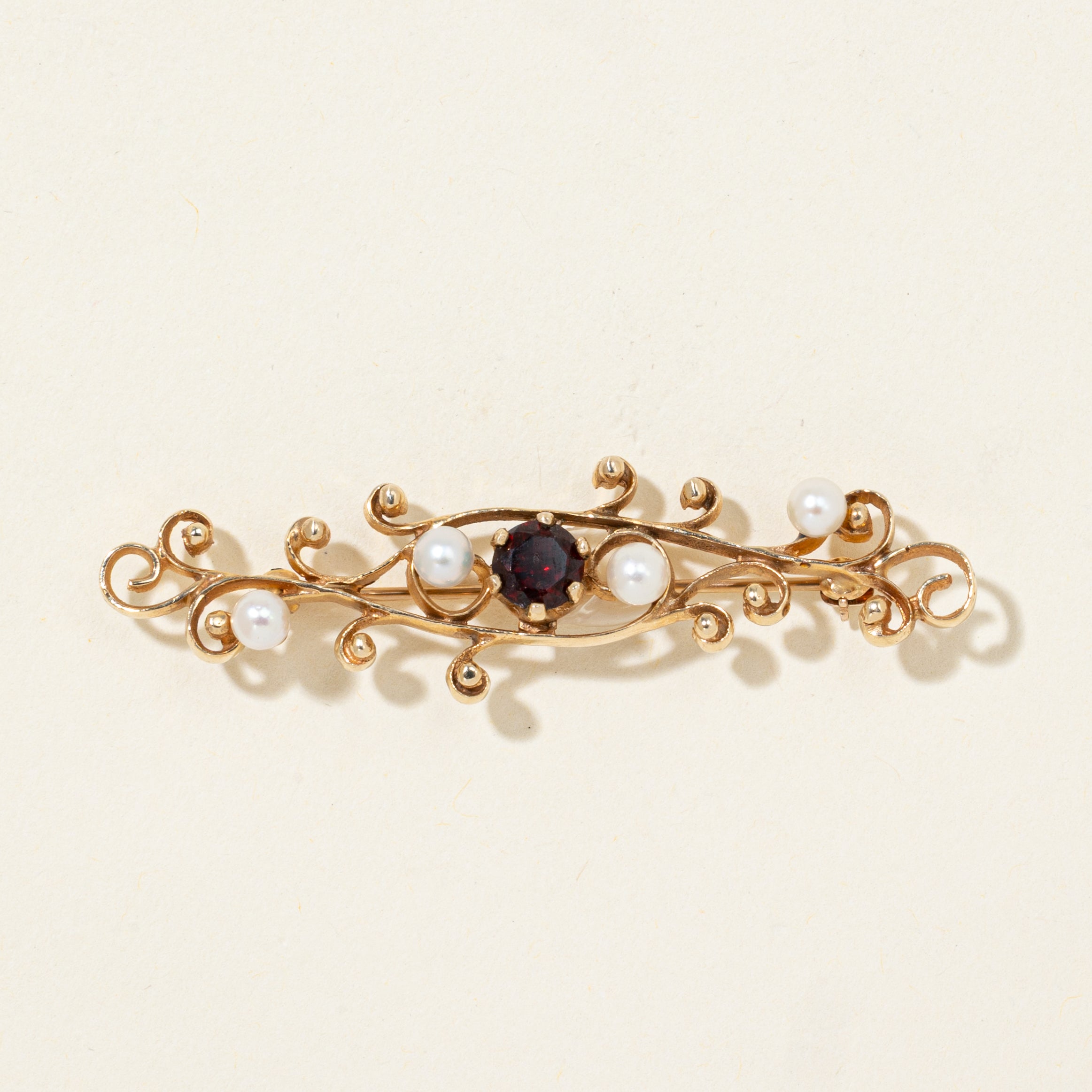 Garnet & Pearl Scrollwork Brooch | 0.72ctw