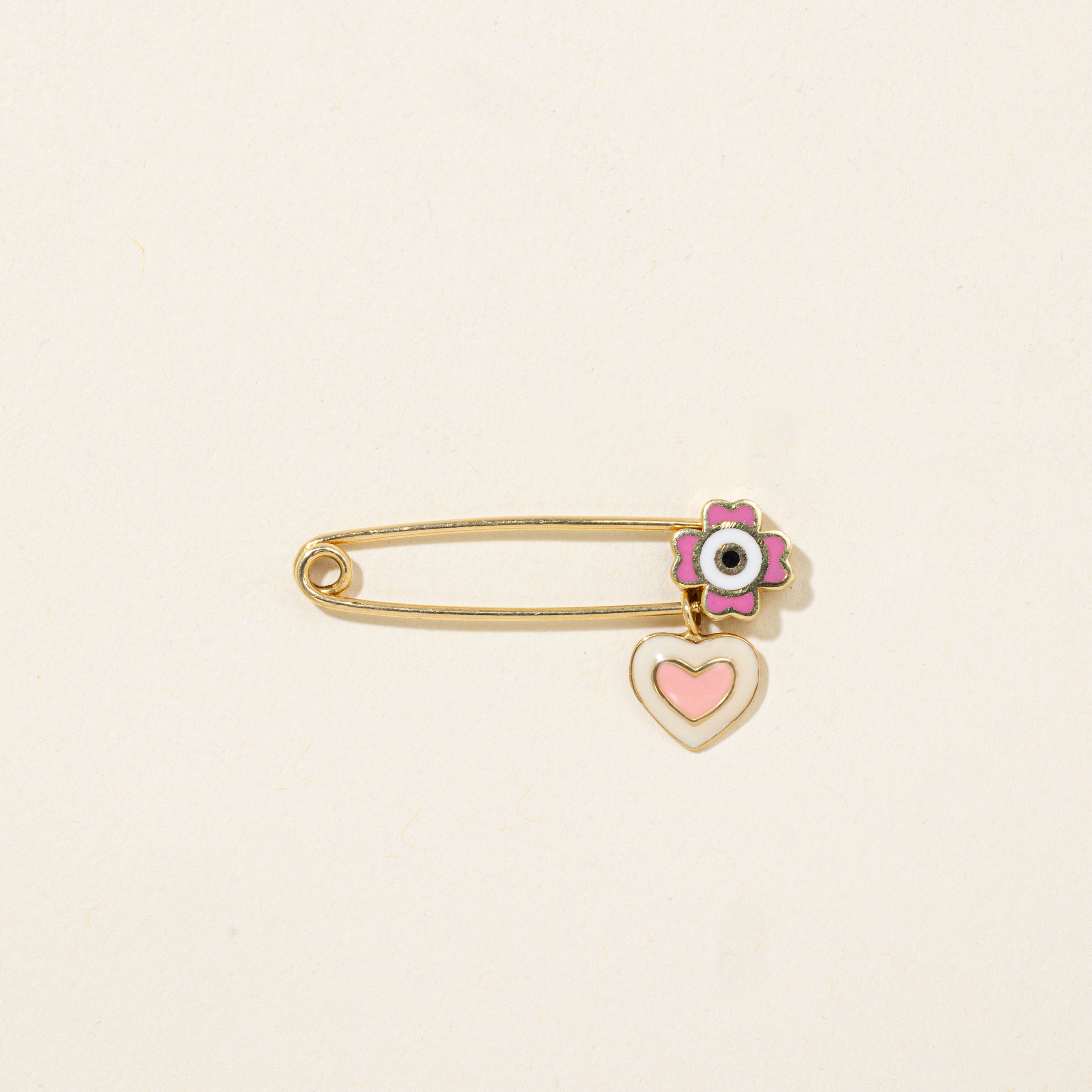 18k Yellow Gold Enamel Heart Safety Pin Brooch