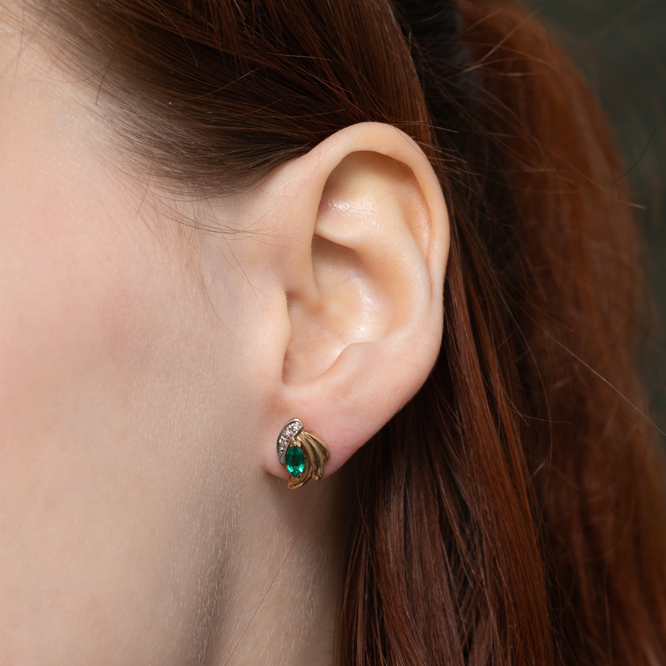 Marquise Cut Synthetic Emerald & Diamond Stud Earrings | 0.24ctw, 0.03ctw