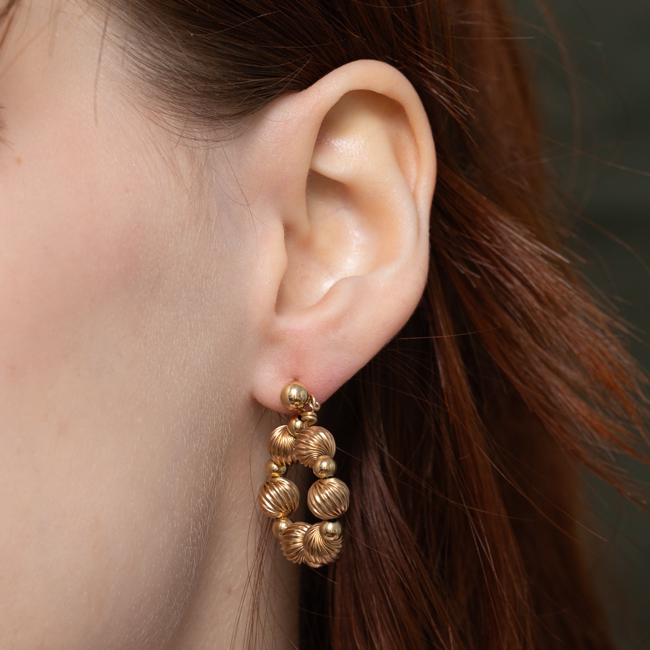 14k Yellow Gold Grooved Beaded Wreath Drop Earrings