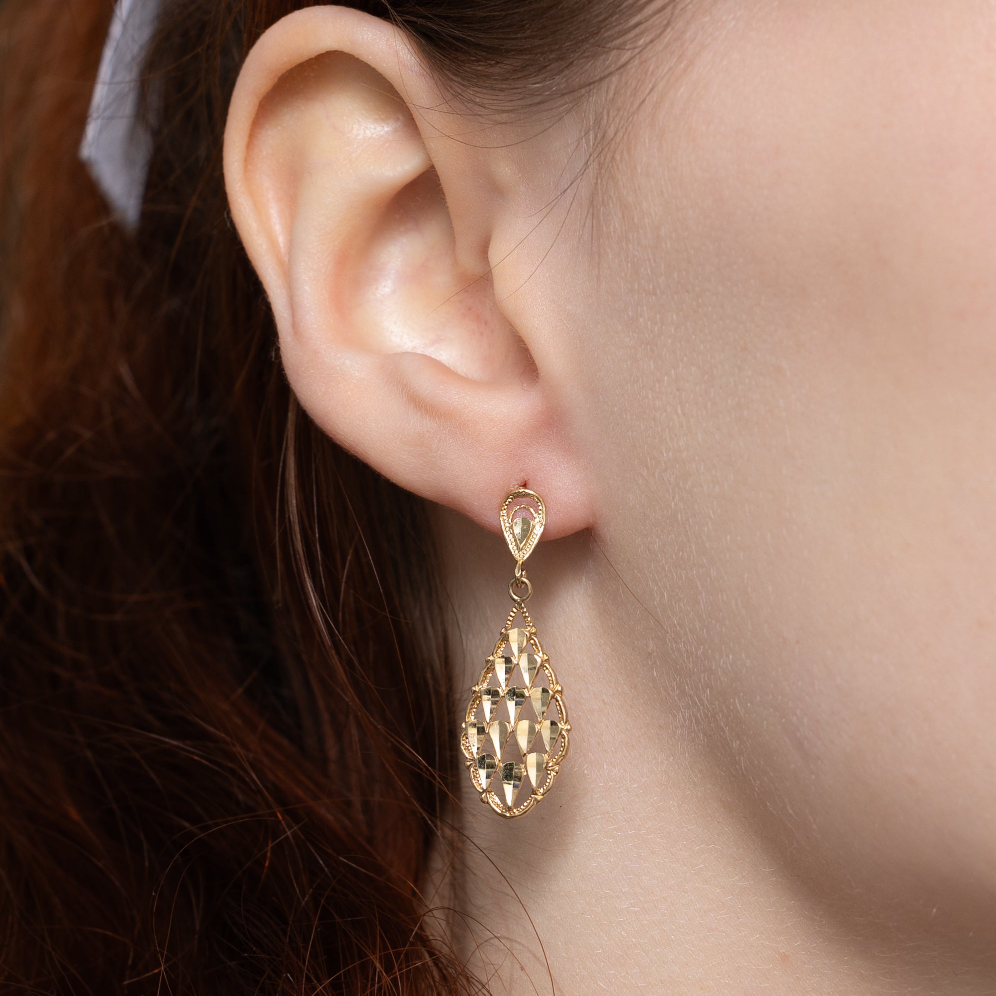14k Yellow Gold Textured Drop Earrings
