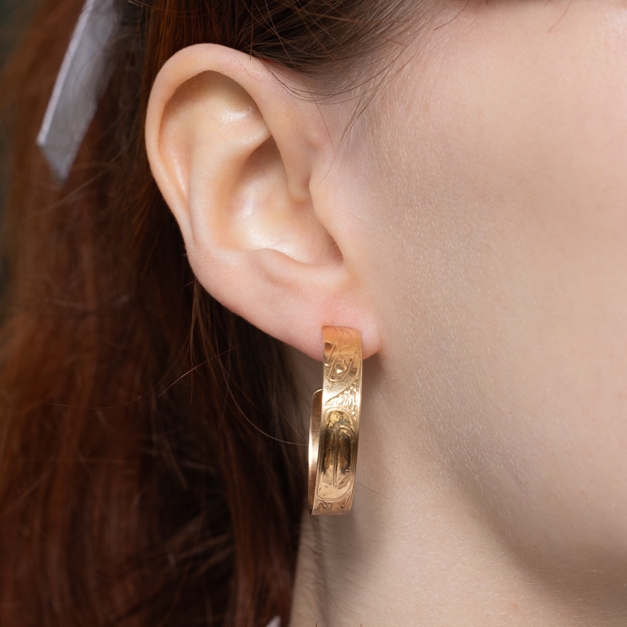 14k Yellow Gold Indigenous Hoop Earrings