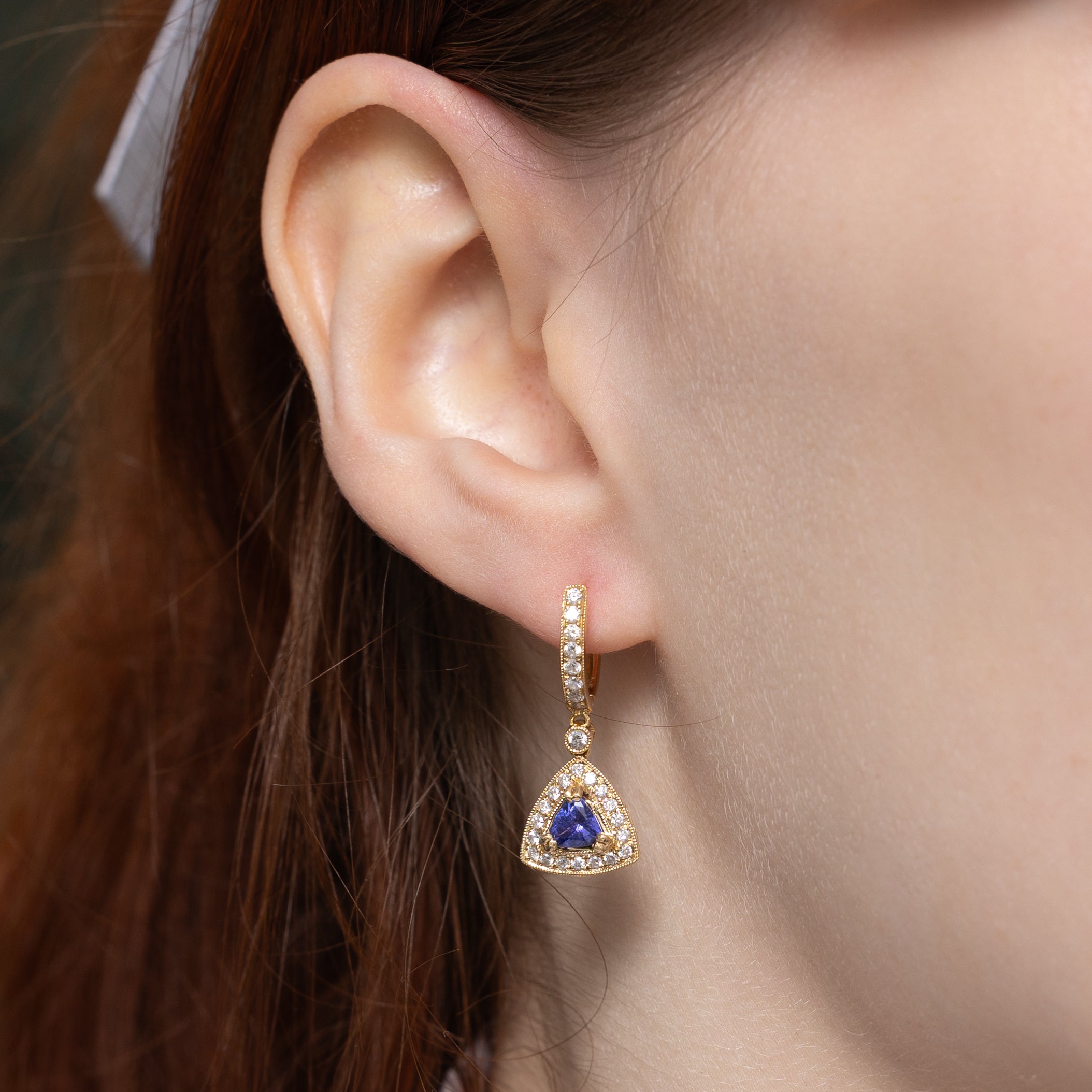 Trillion Cut Tanzanite & Diamond Halo Drop Earrings | 0.90ctw, 0.38ctw