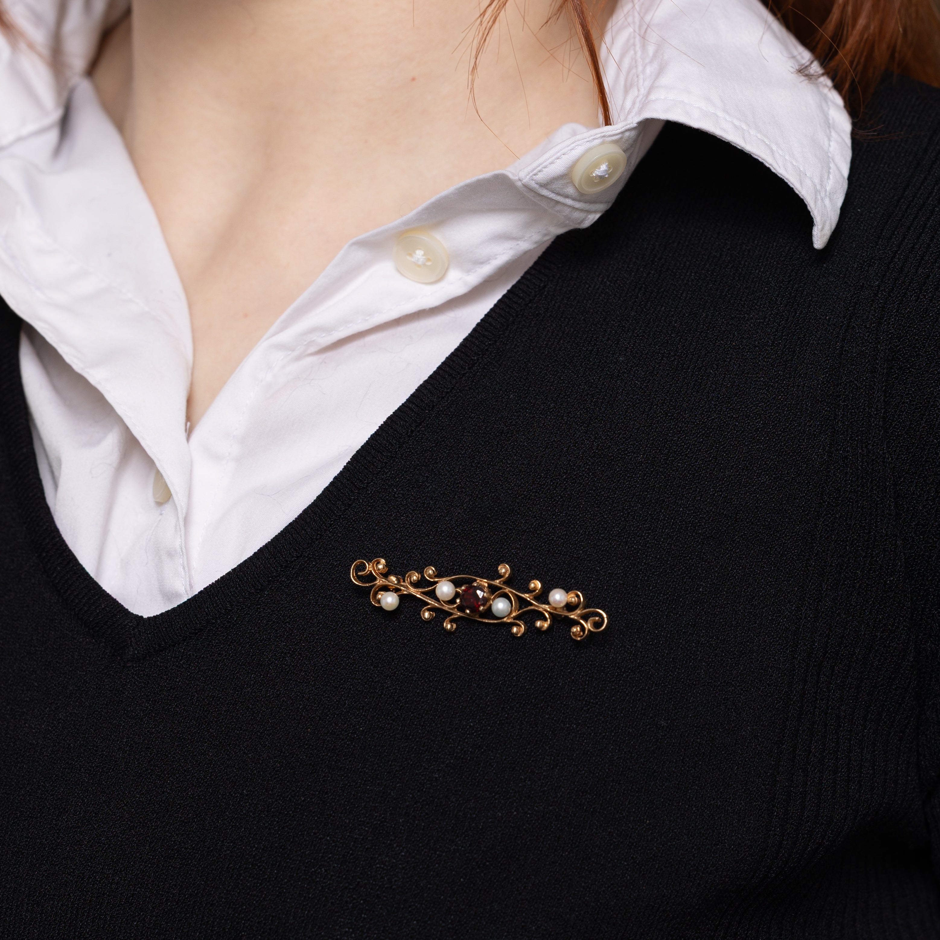 Garnet & Pearl Scrollwork Brooch | 0.72ctw