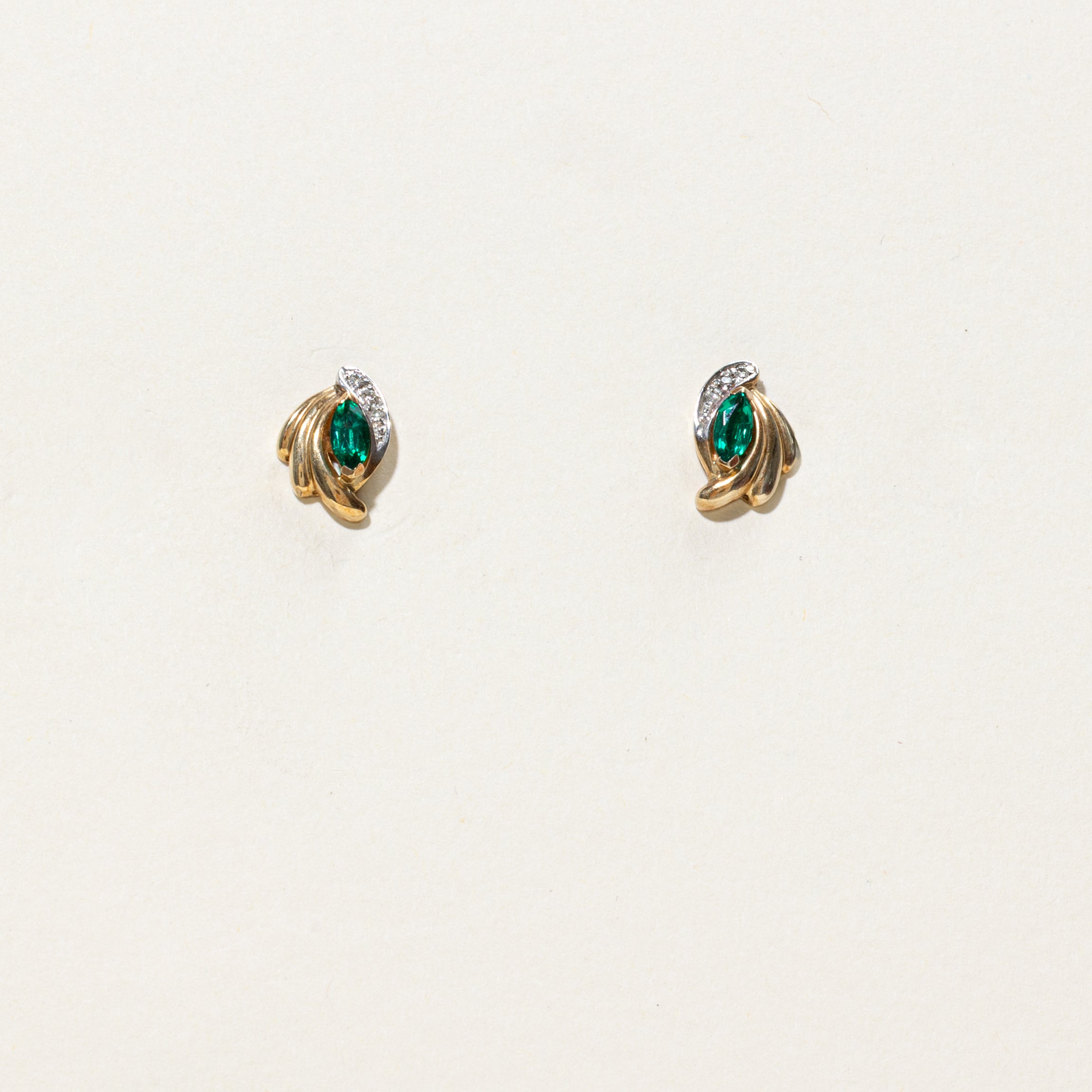 Marquise Cut Synthetic Emerald & Diamond Stud Earrings | 0.24ctw, 0.03ctw