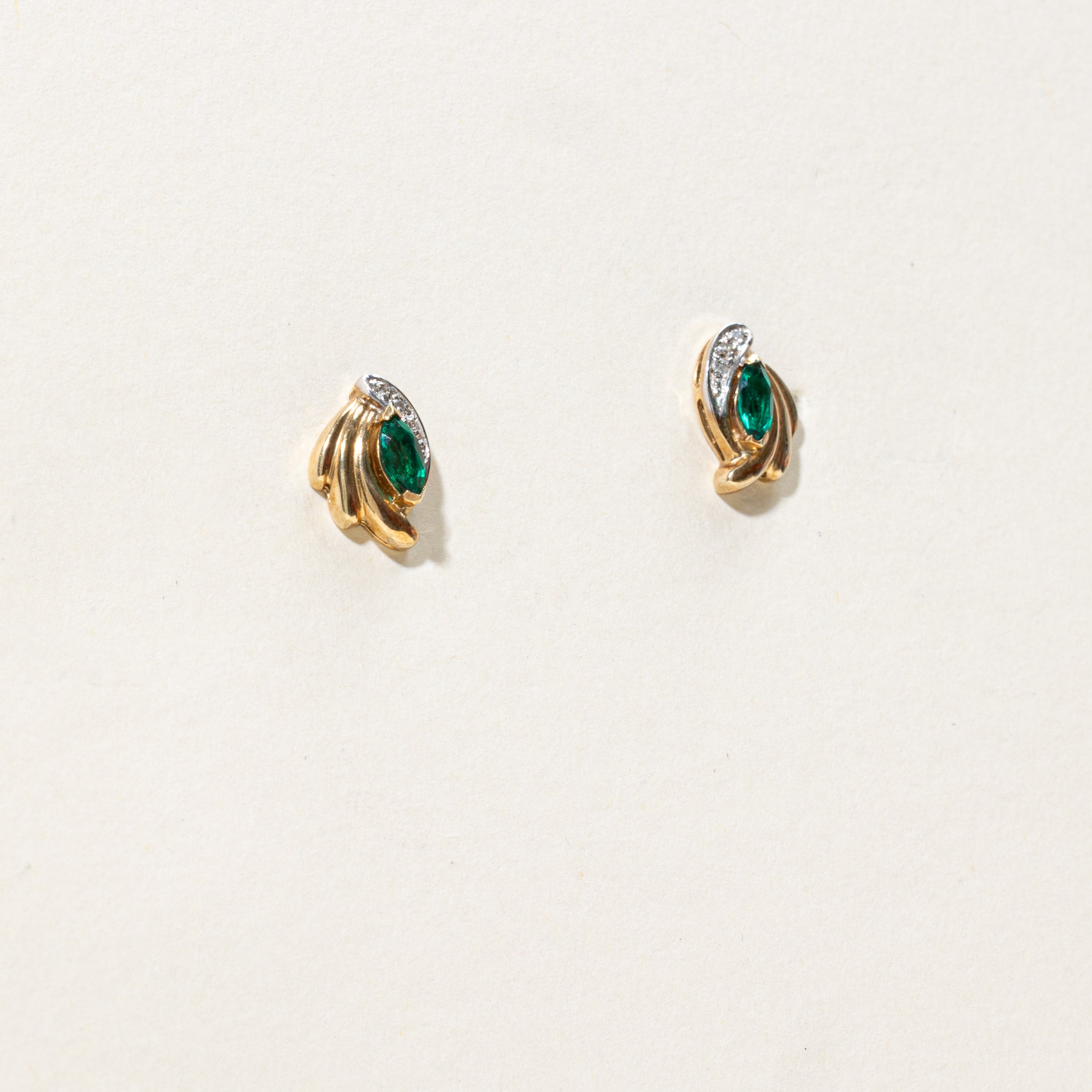 Marquise Cut Synthetic Emerald & Diamond Stud Earrings | 0.24ctw, 0.03ctw