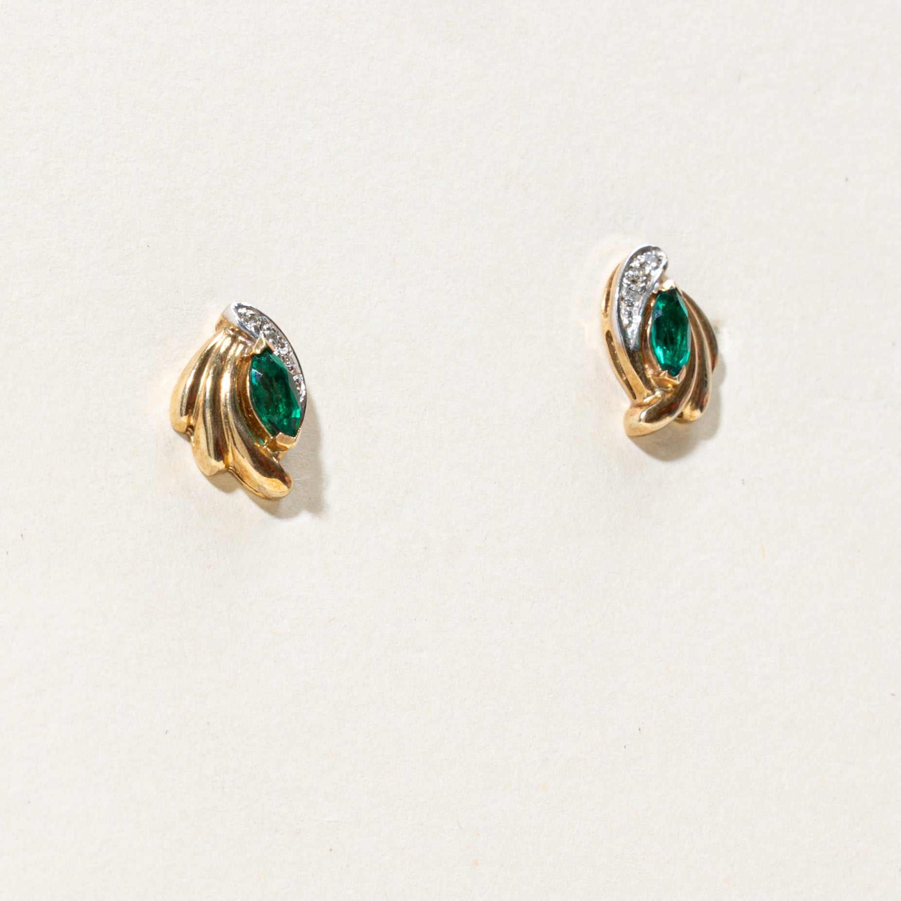 Marquise Cut Synthetic Emerald & Diamond Stud Earrings | 0.24ctw, 0.03ctw