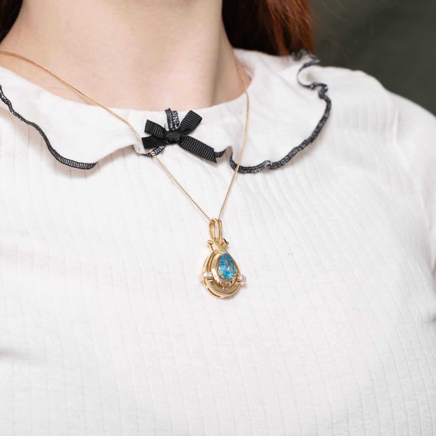 Pear Cut Blue Topaz & Diamond Pendant | 3.28ct, 0.14ct