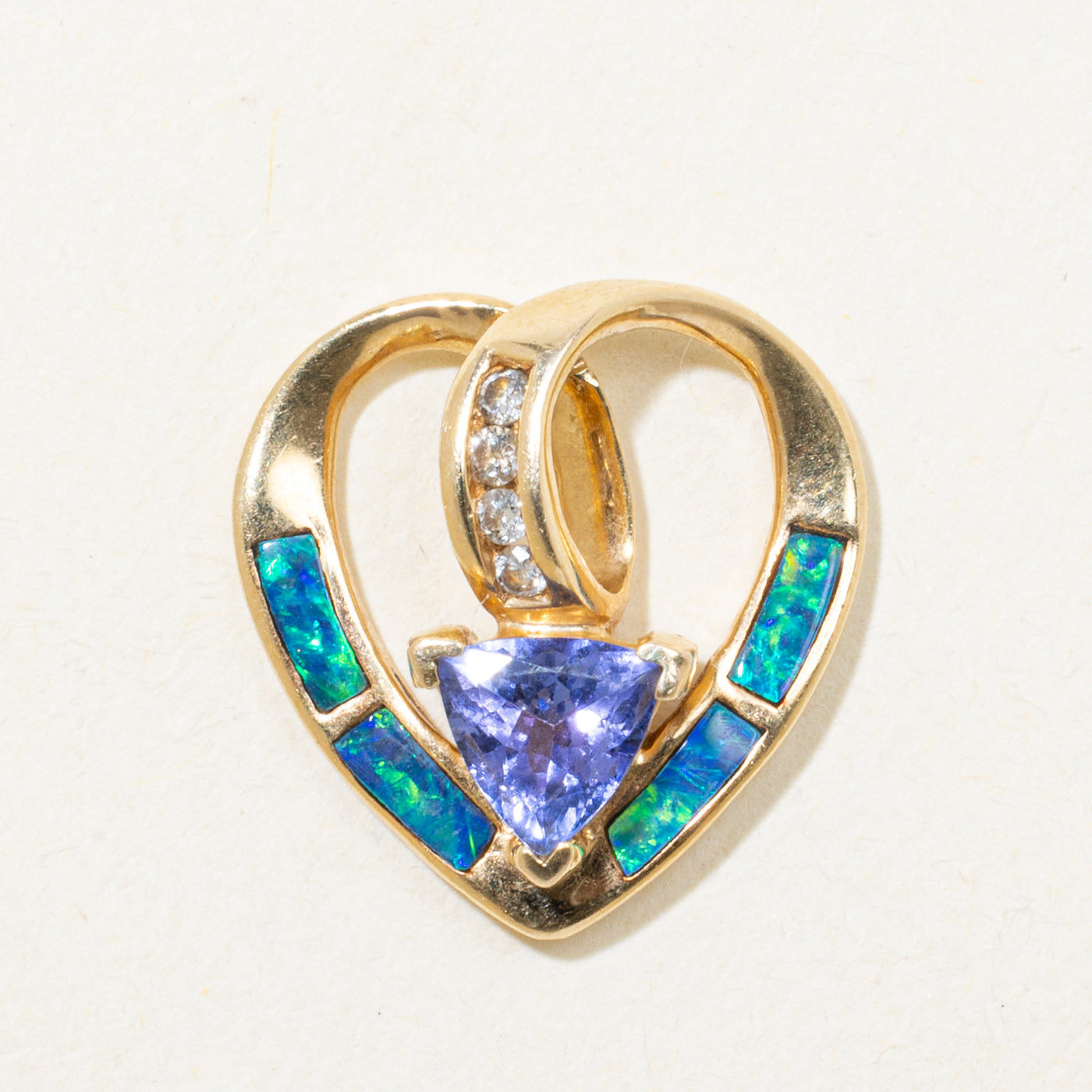 Trillion Cut Tanzanite & Opal Open Heart Pendant | 0.38ct, 0.08ctw
