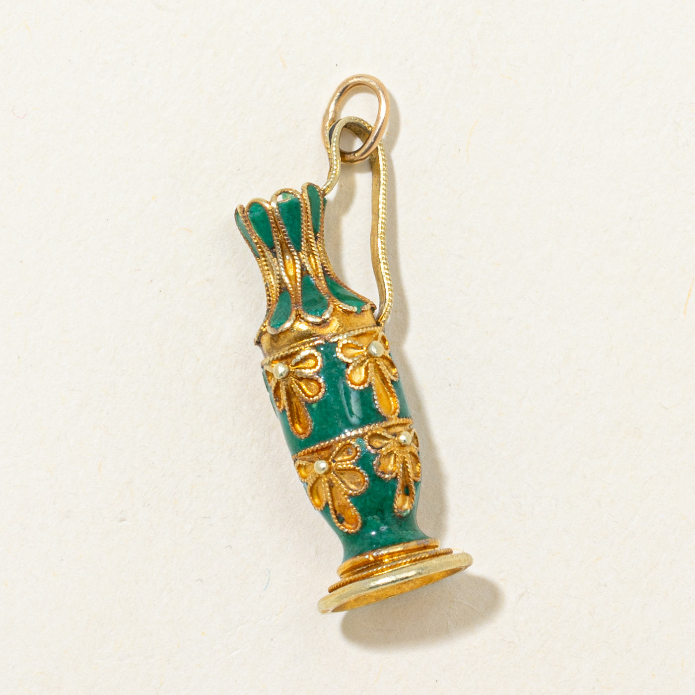 18k Yellow Gold Green Enamel Jug Charm