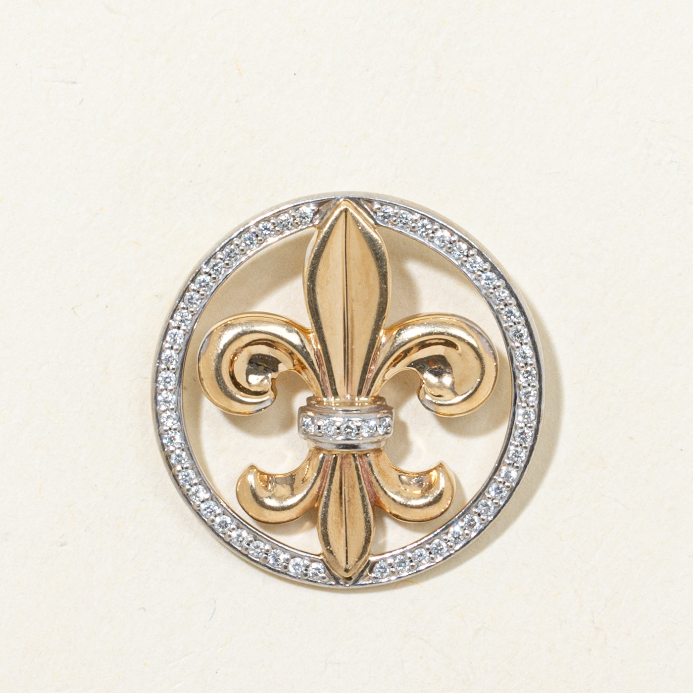 Two Tone Diamond Halo Fleur De Lis Circle Pendant | 0.11ctw