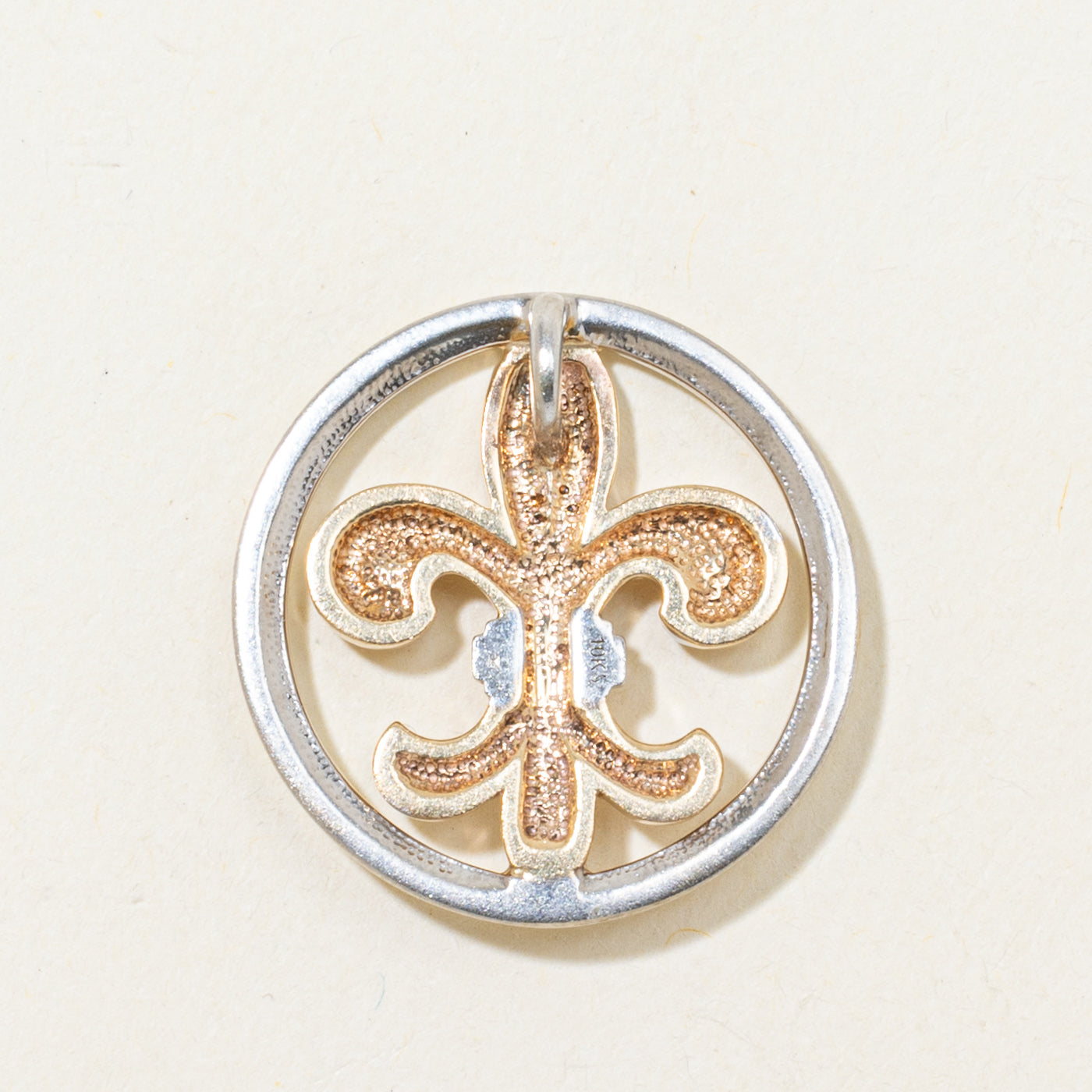 Two Tone Diamond Halo Fleur De Lis Circle Pendant | 0.11ctw