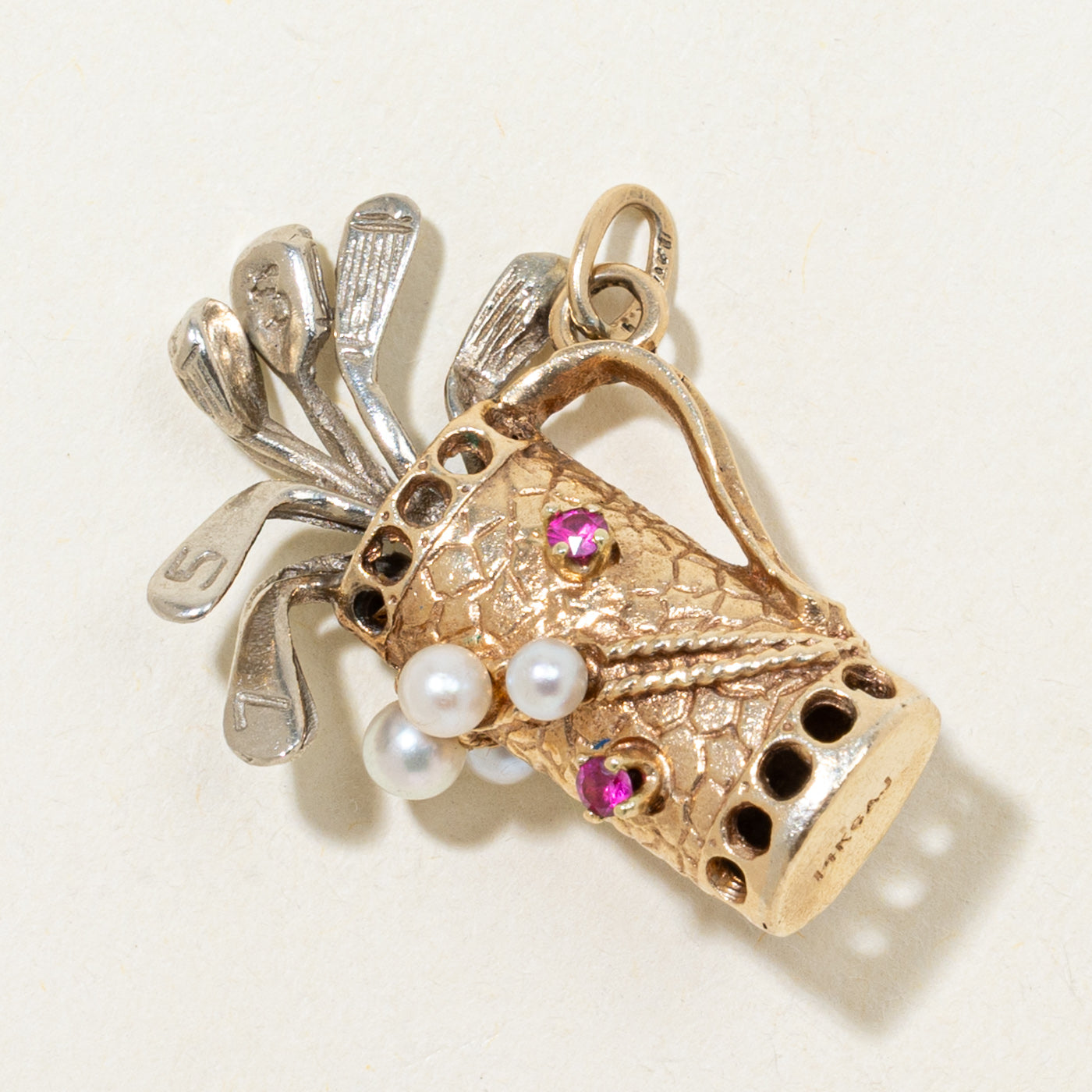 Two Tone Gold Synthetic Ruby & Cultured Pearl Golf Bag Pendant | 0.34ctw