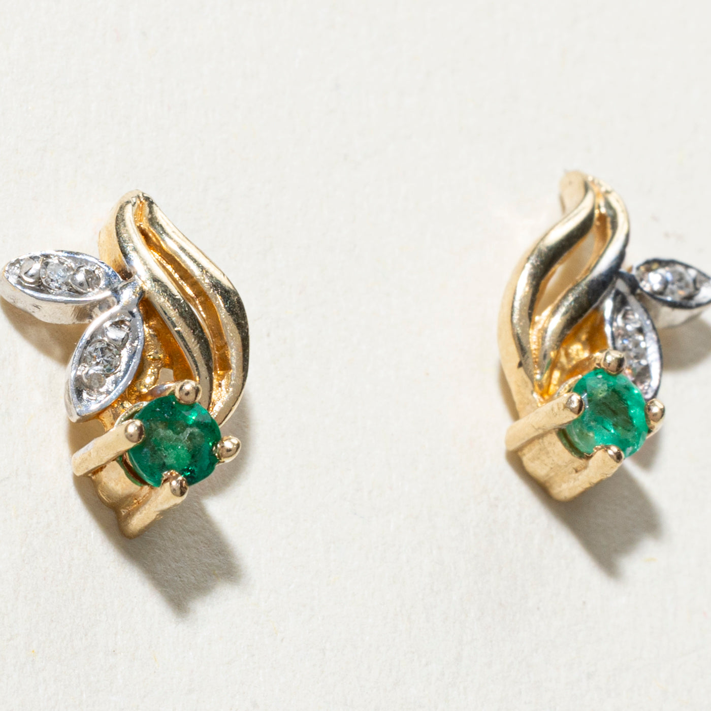 10K Emerald & Diamond Floral Stud Earrings