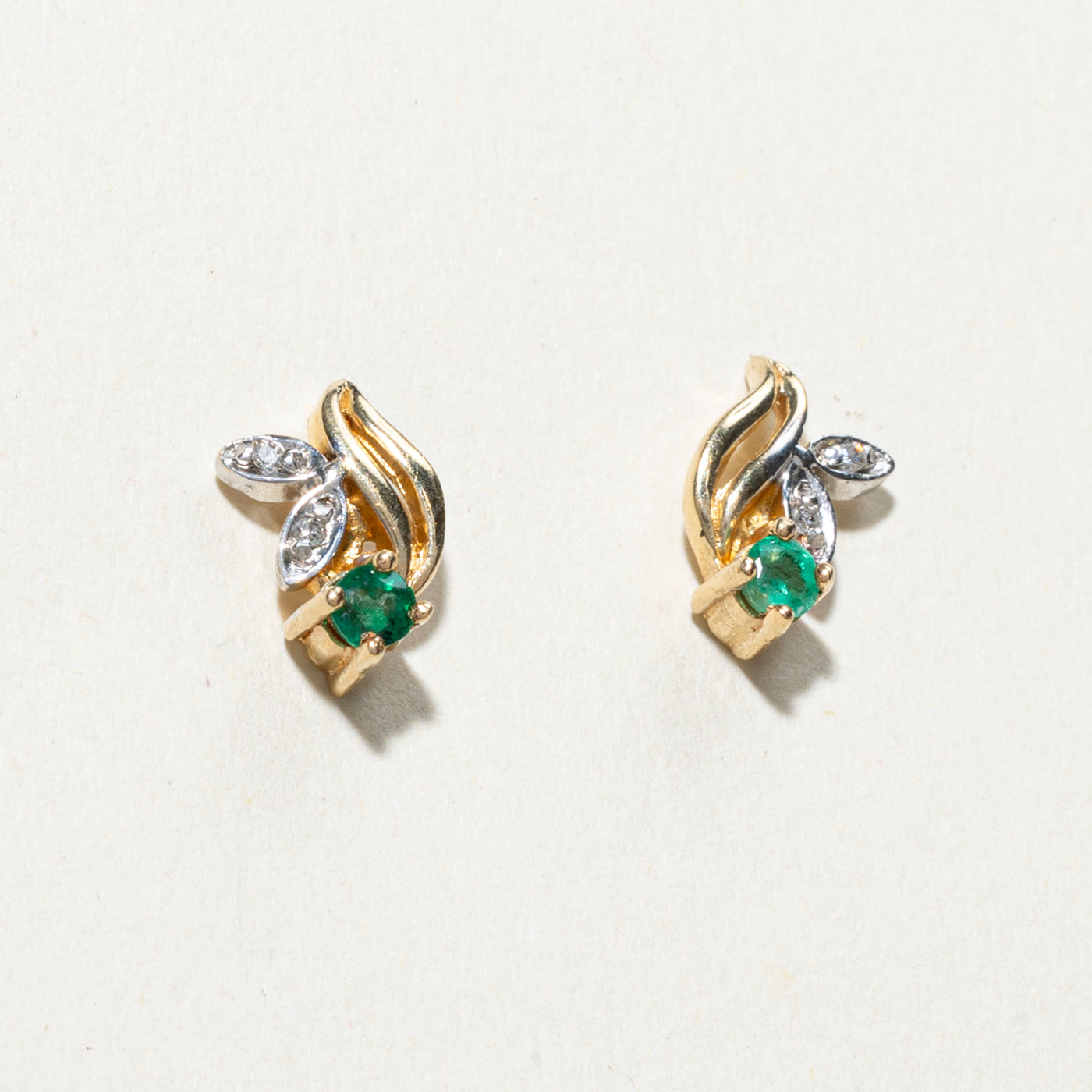10K Emerald & Diamond Floral Stud Earrings