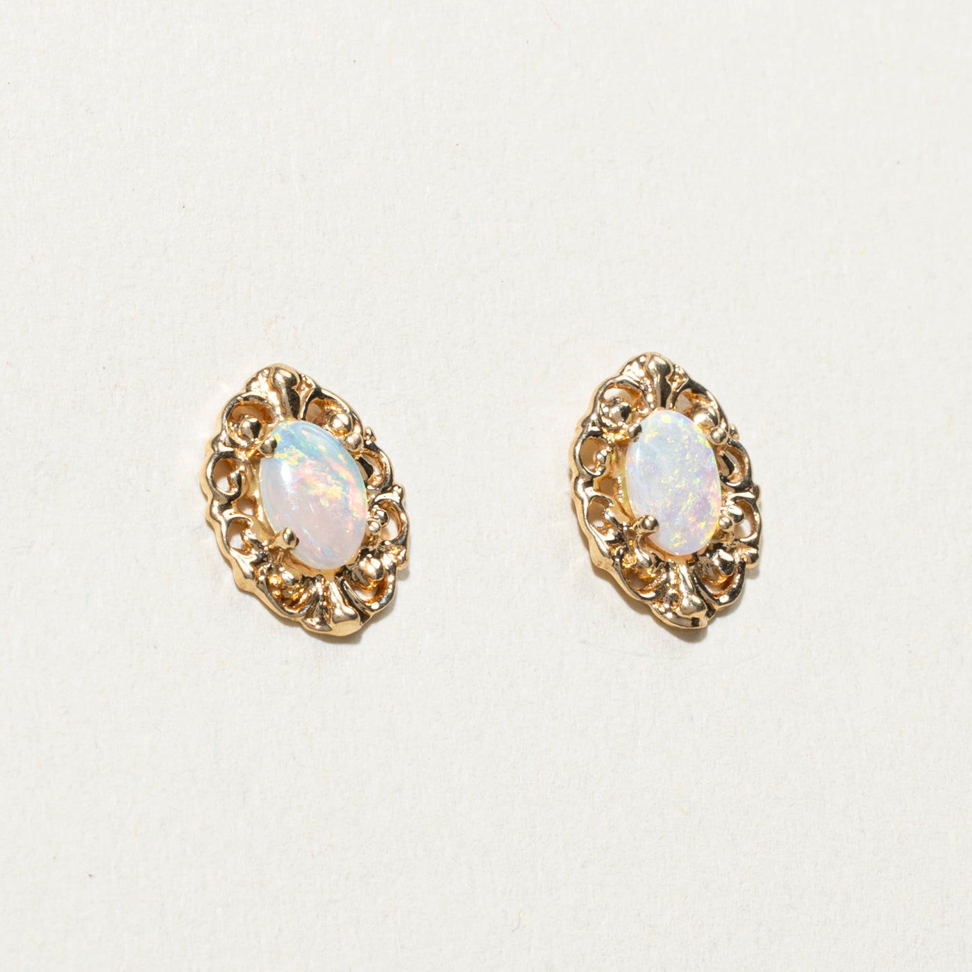 14K Cabochon Opal Ornate Stud Earrings