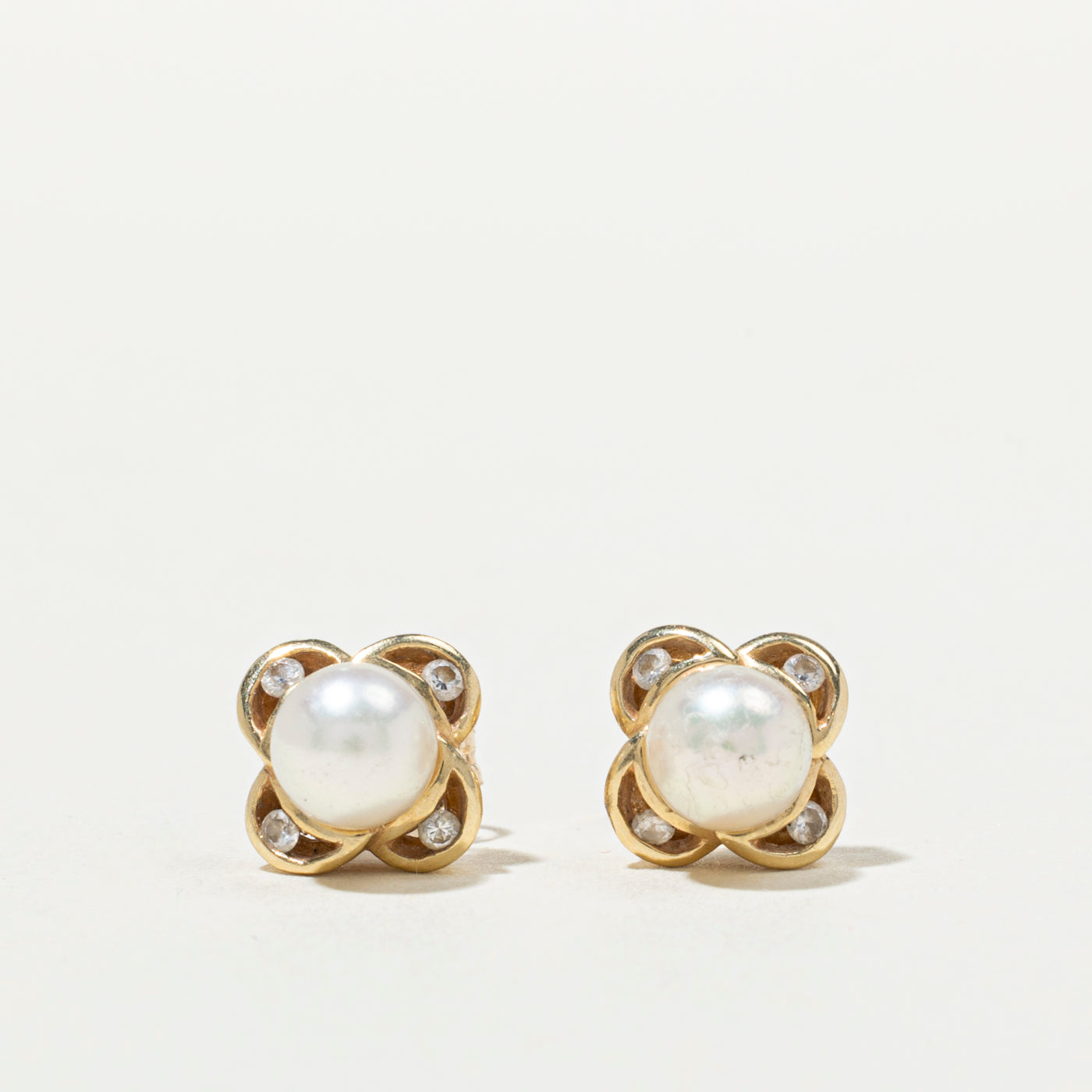 10K Pearl & Diamond Flower Stud Earrings