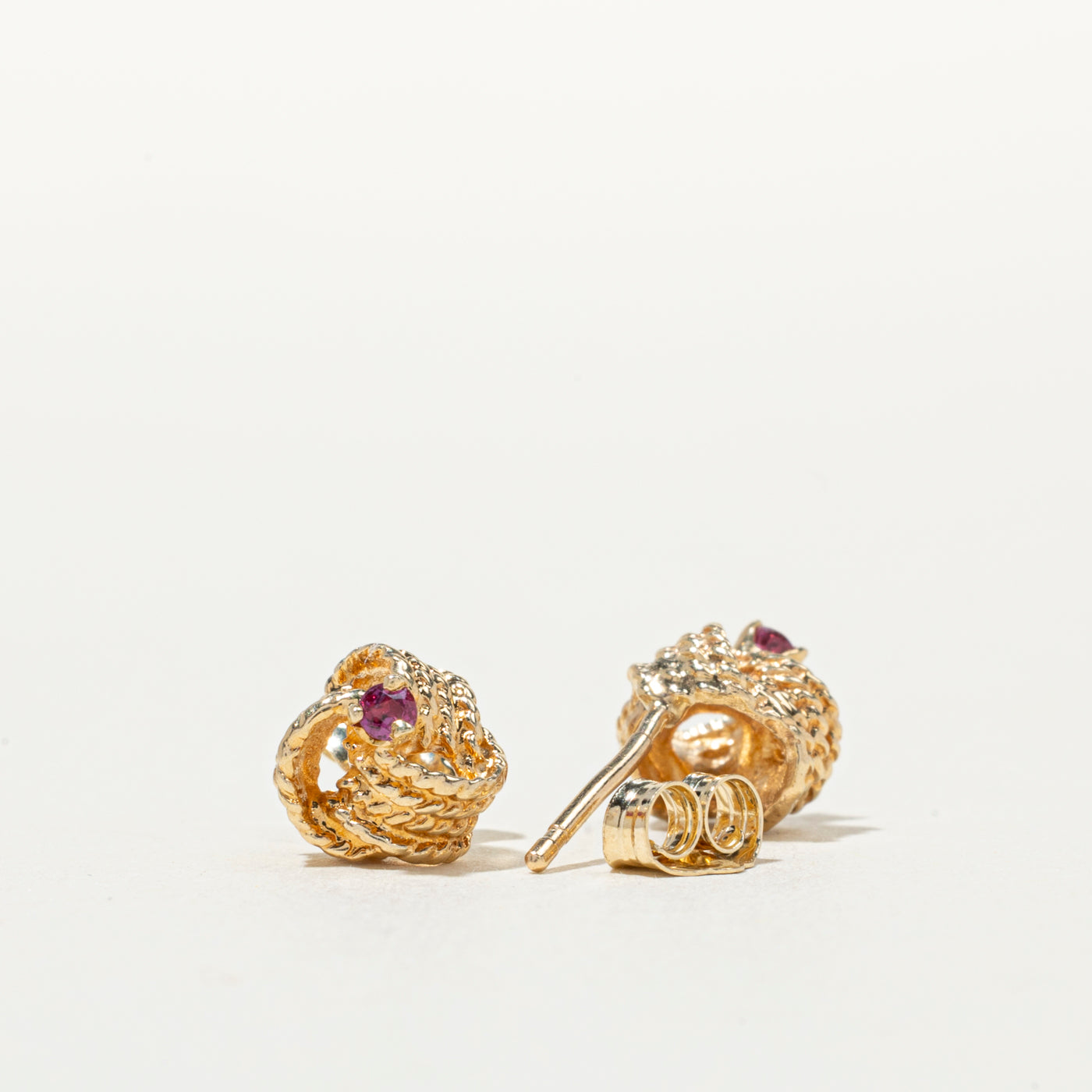 14K Synthetic Ruby Textured Knot Stud Earrings