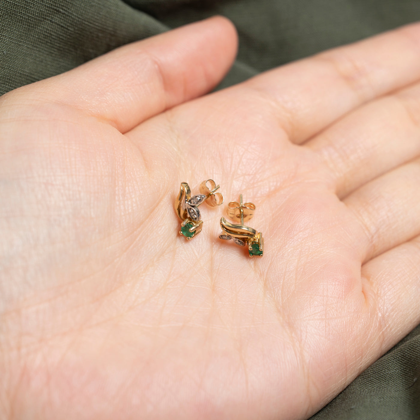 10K Emerald & Diamond Floral Stud Earrings