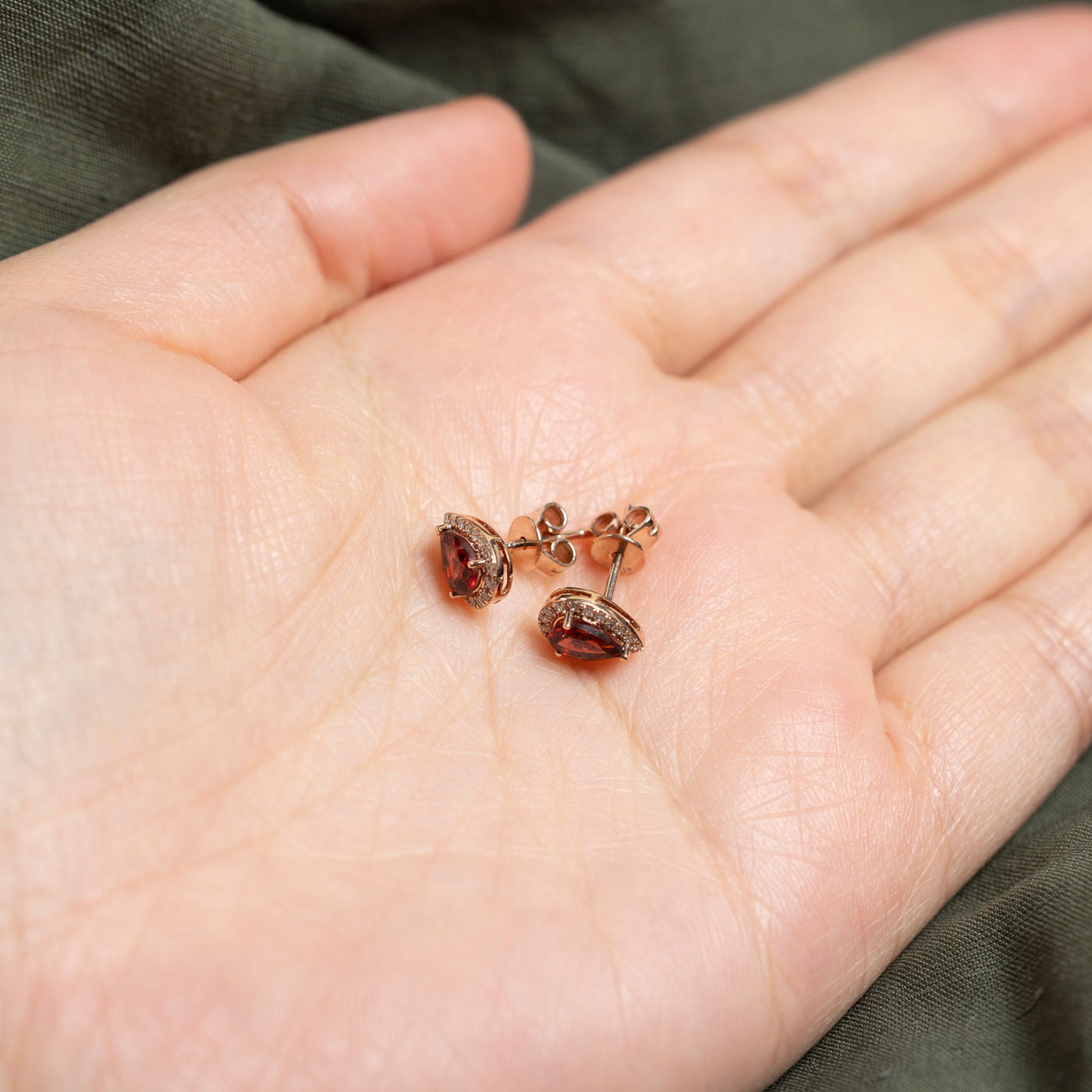 10K Pear Cut Garnet & Diamond Halo Stud Earrings | 0.90ctw, 0.04ctw