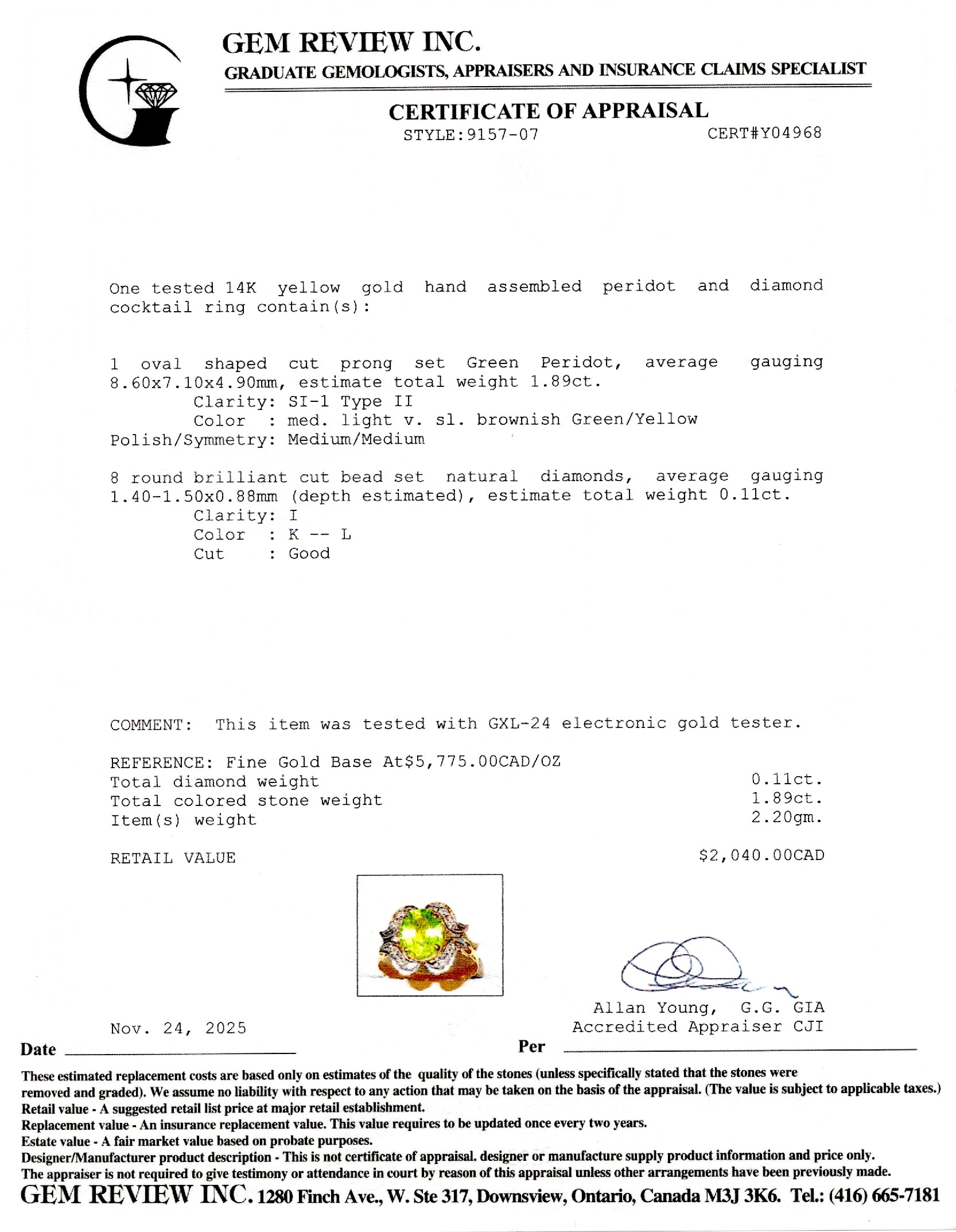 Bague cocktail péridot et diamants | 1,89 ct, 0,11 ct au total | Taille 7