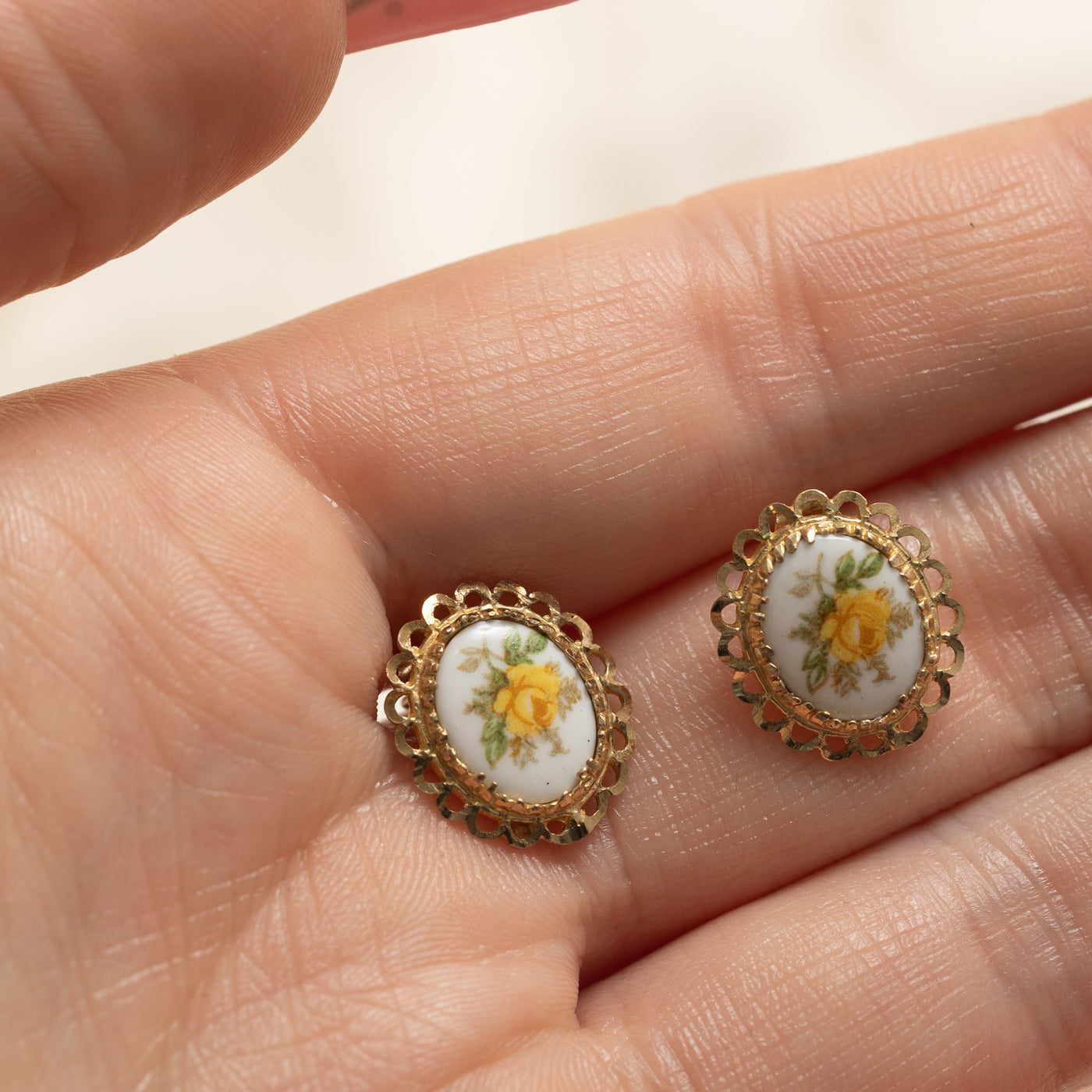 10k Floral Porcelain Stud Earrings