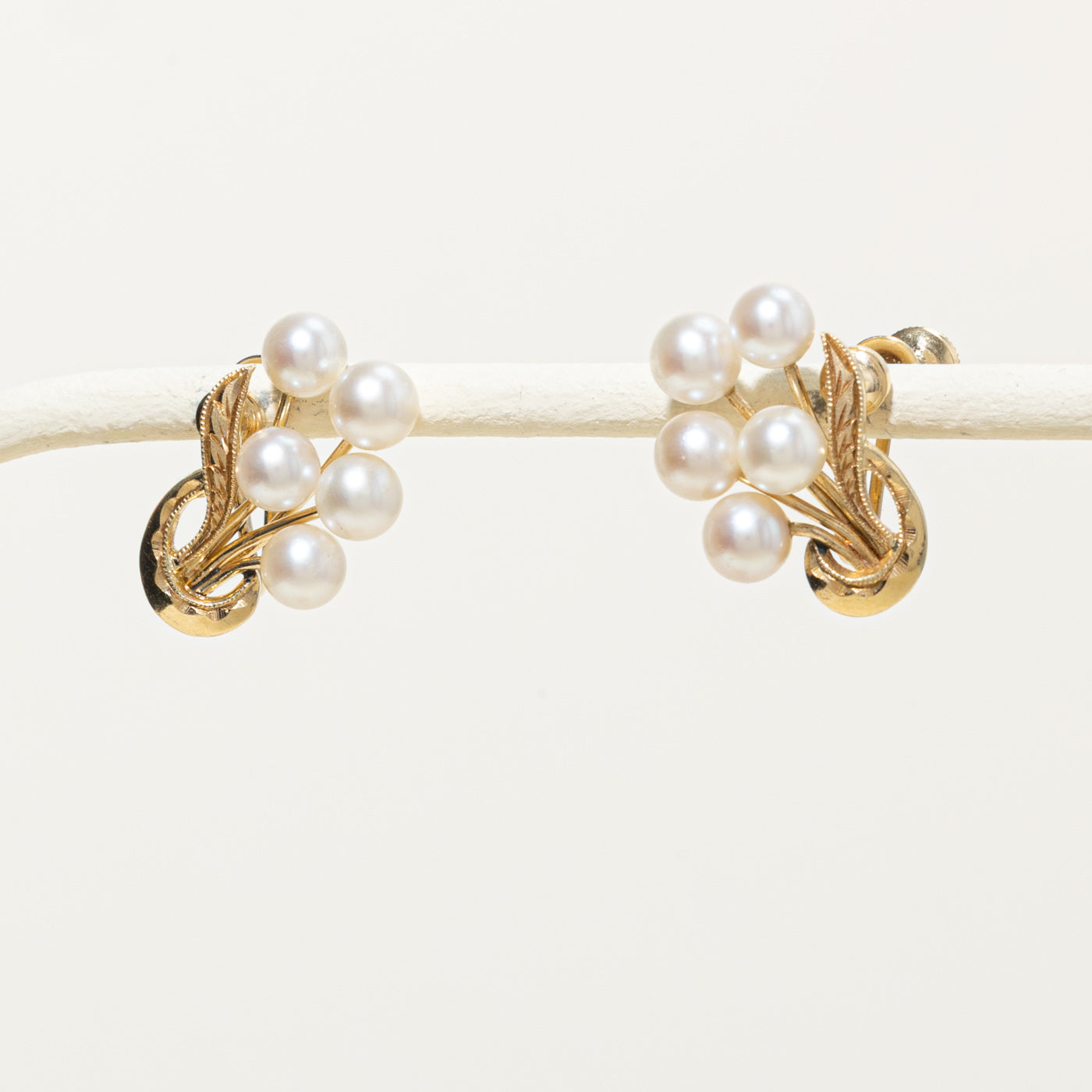 ‘Birks’ 14k Pearl Floral Cluster Screw Clip On Earrings