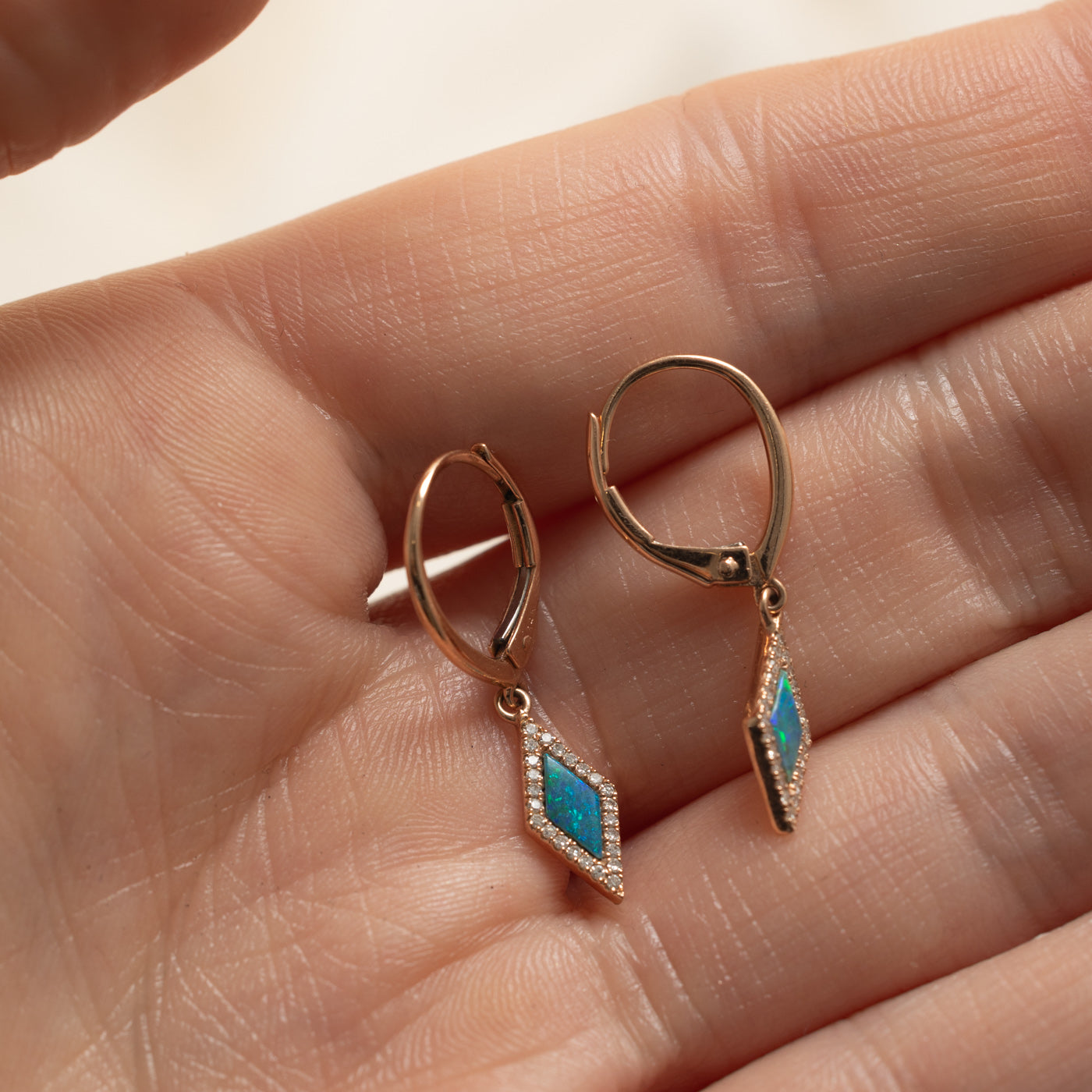 14k Rose Gold Opal & Diamond Drop Earrings | 0.08ctw, 0.05ctw
