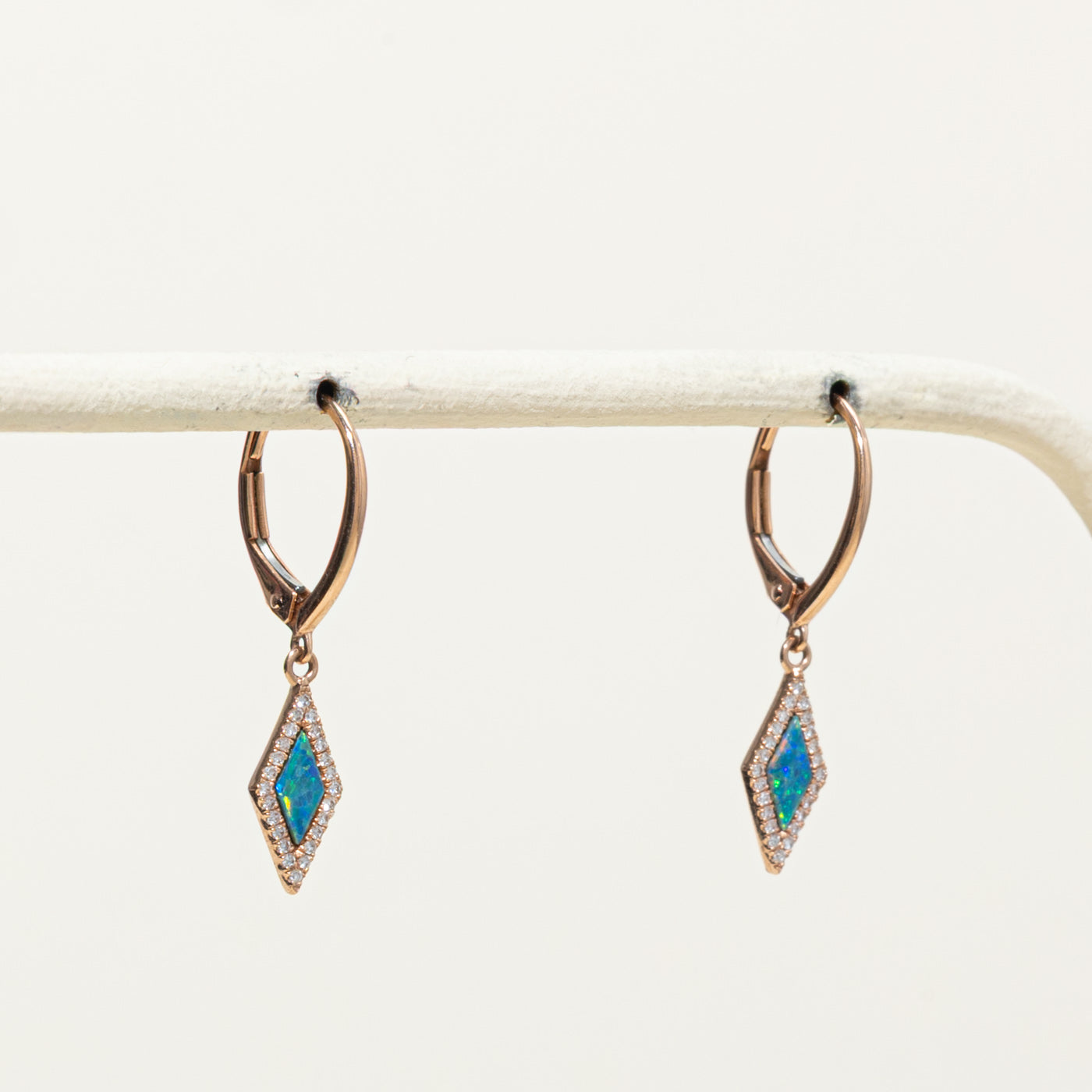 14k Rose Gold Opal & Diamond Drop Earrings | 0.08ctw, 0.05ctw