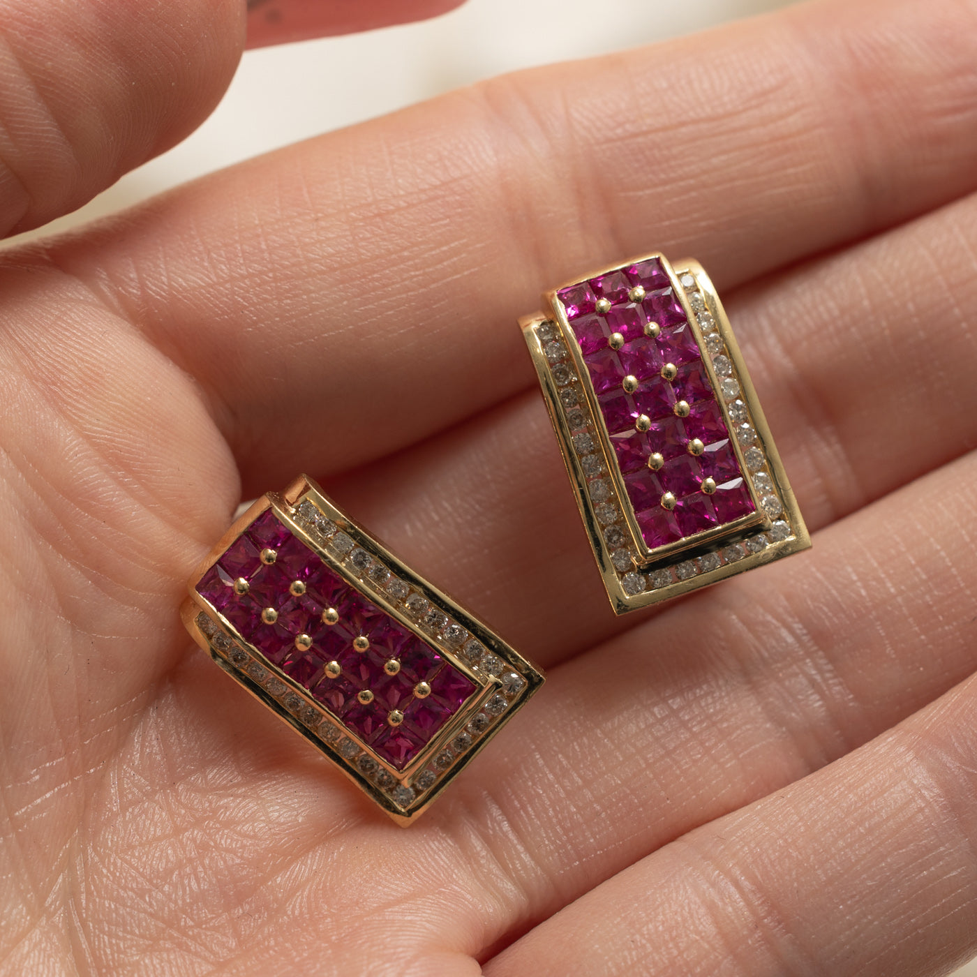 14k Synthetic Ruby & Diamond Grid Stud Earrings | 3.30ctw, 0.30ctw