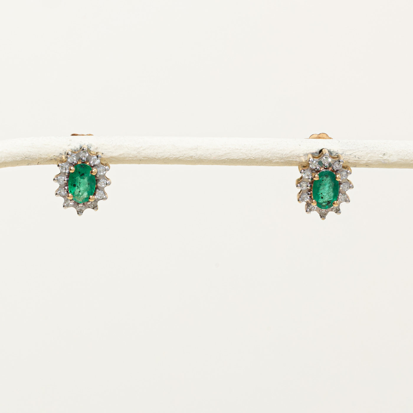 10k Emerald & Diamond Petal Halo Earrings | 0.60ctw, 0.12ctw