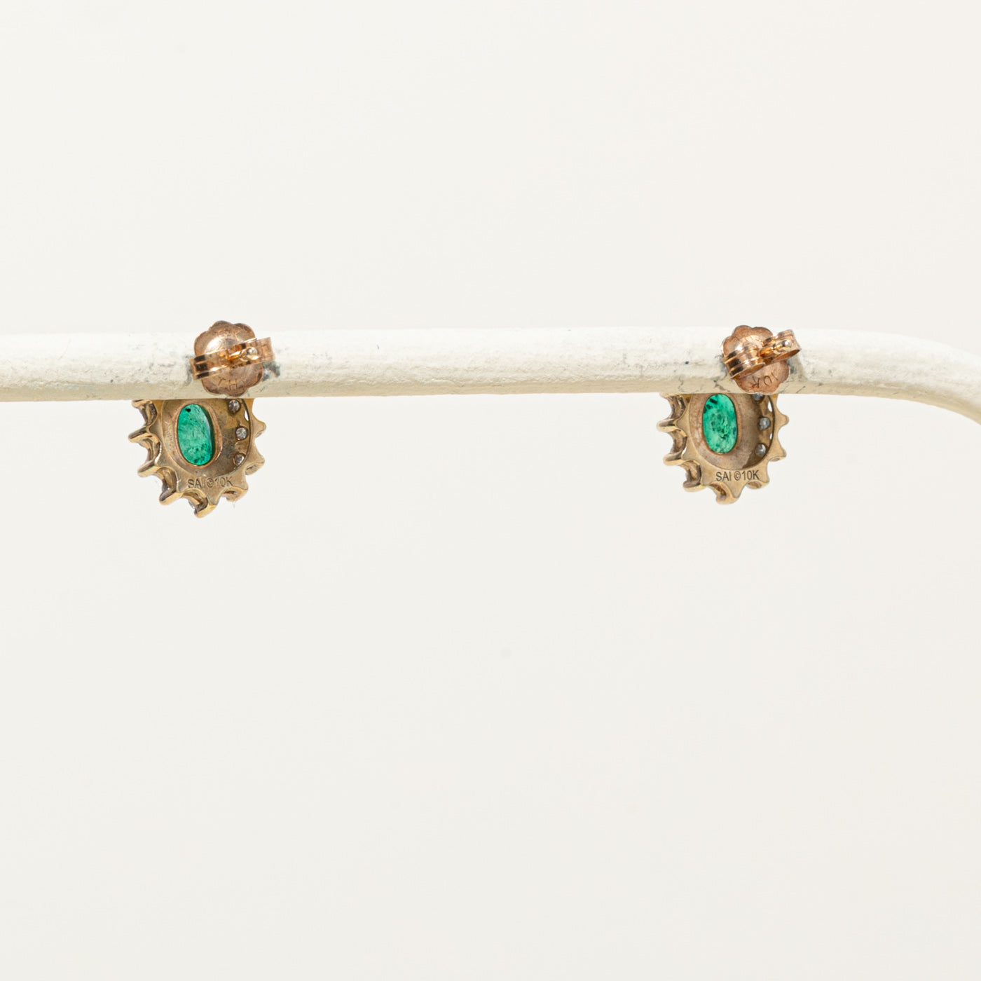 10k Emerald & Diamond Petal Halo Earrings | 0.60ctw, 0.12ctw